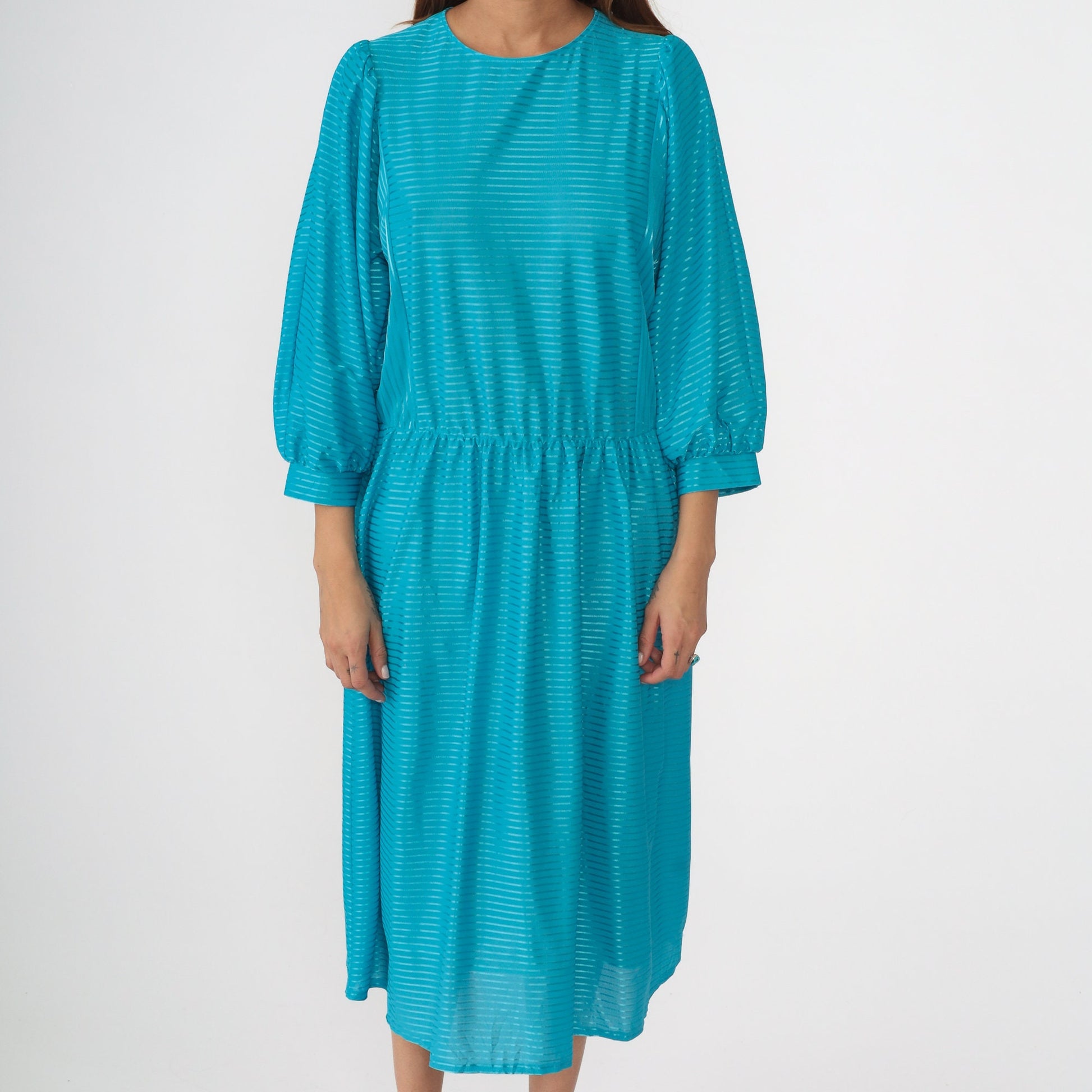 80s Turquoise Striped Midi Dress Dolman Sleeve High Waist Large