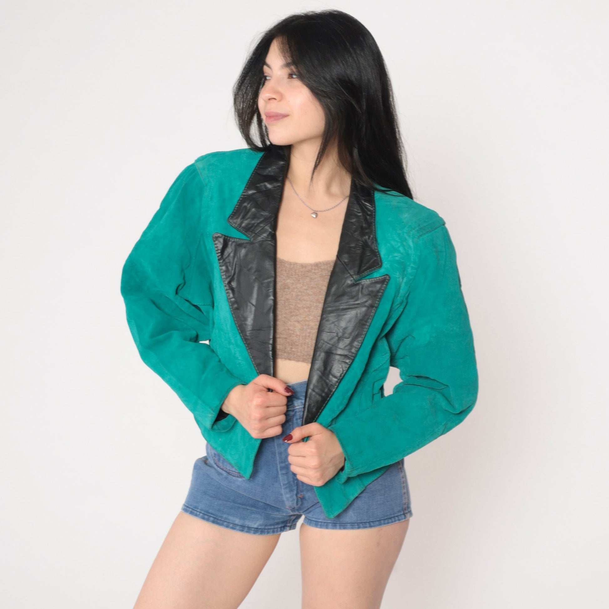 90s Teal Suede Blazer Black Leather Collar Single Button Medium M