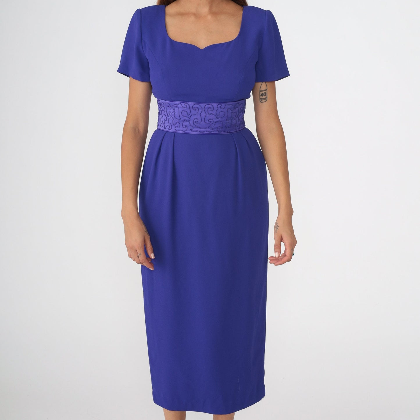 90s Donna Morgan Purple Soutache Midi Sheath Dress Pleated Pencil Small 4