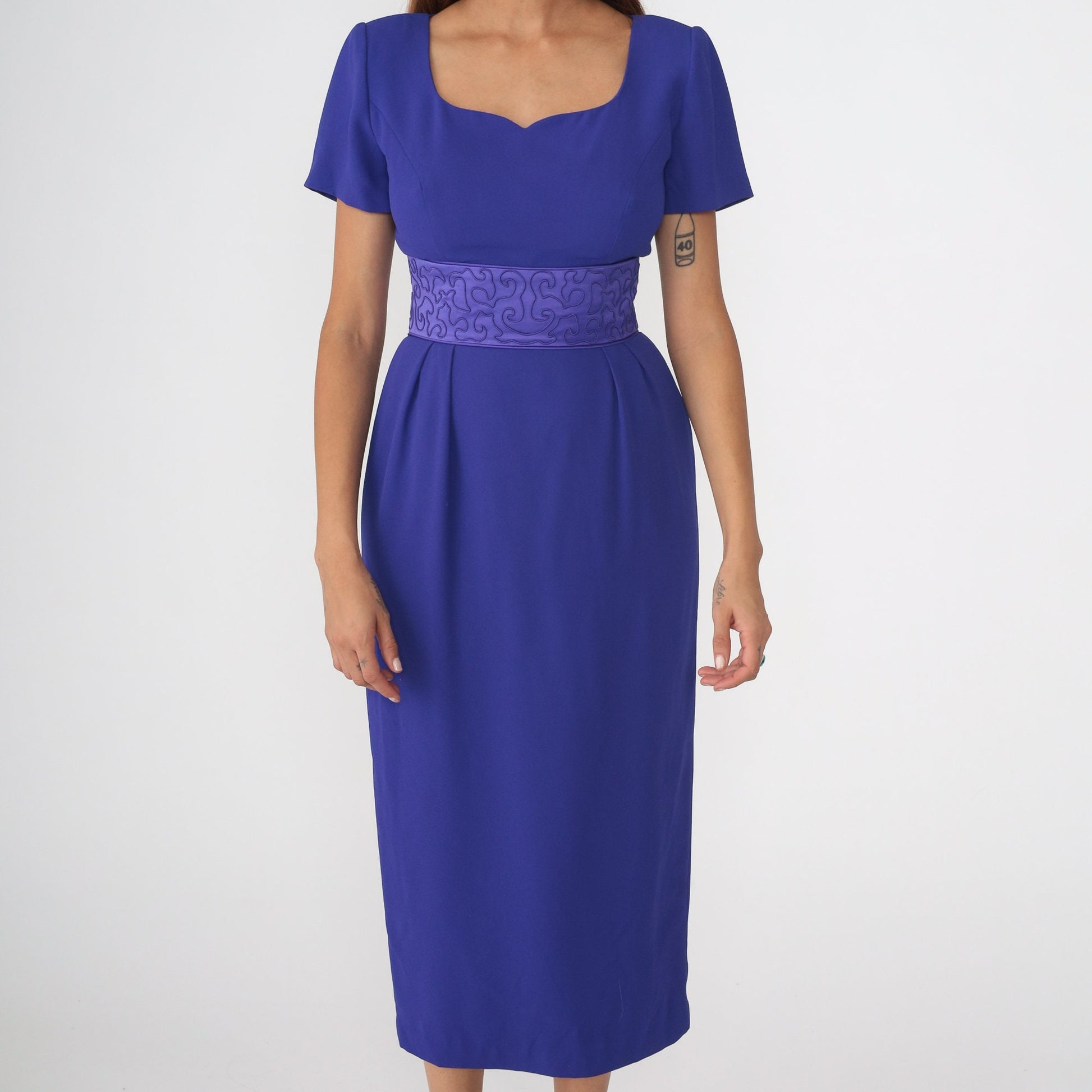 90s Donna Morgan Purple Soutache Midi Sheath Dress Pleated Pencil Small 4