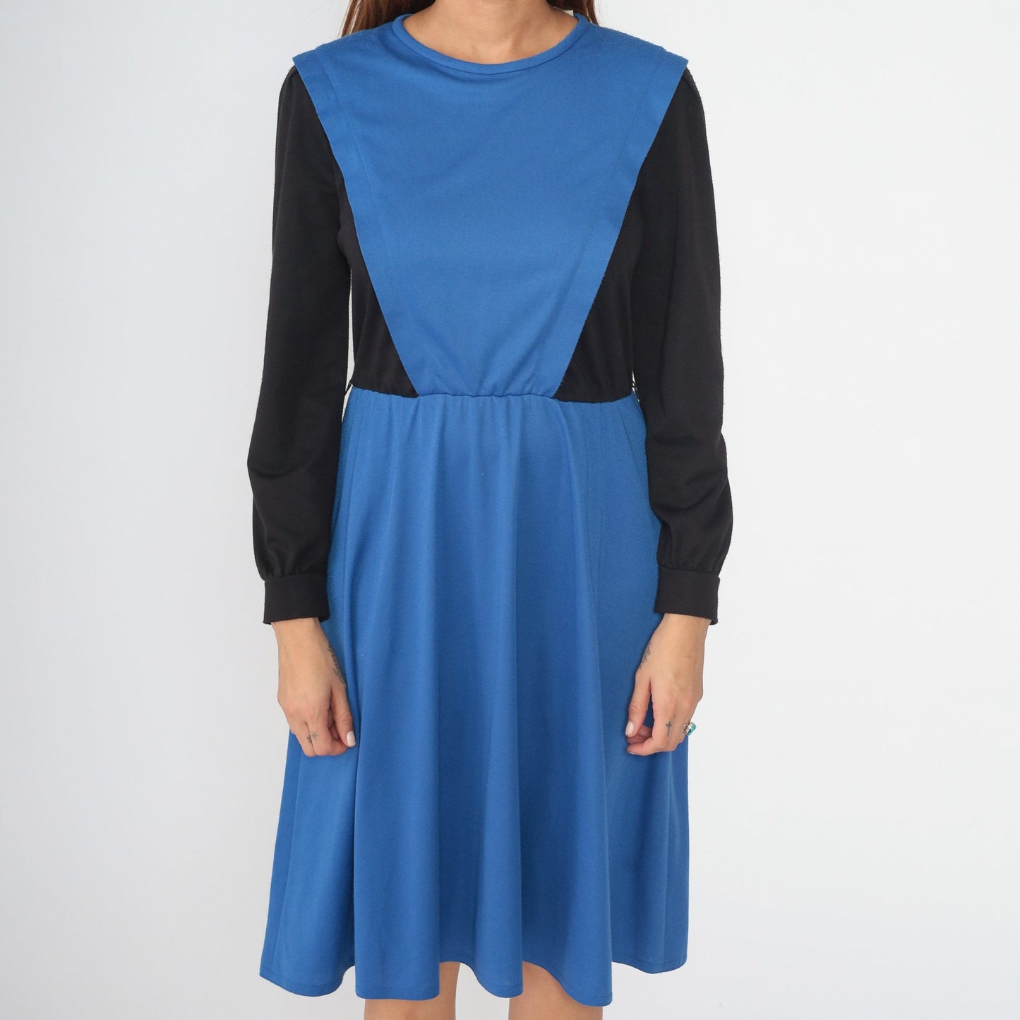 80s Color Block Midi Dress Black Blue High Waist Long Sleeve Small