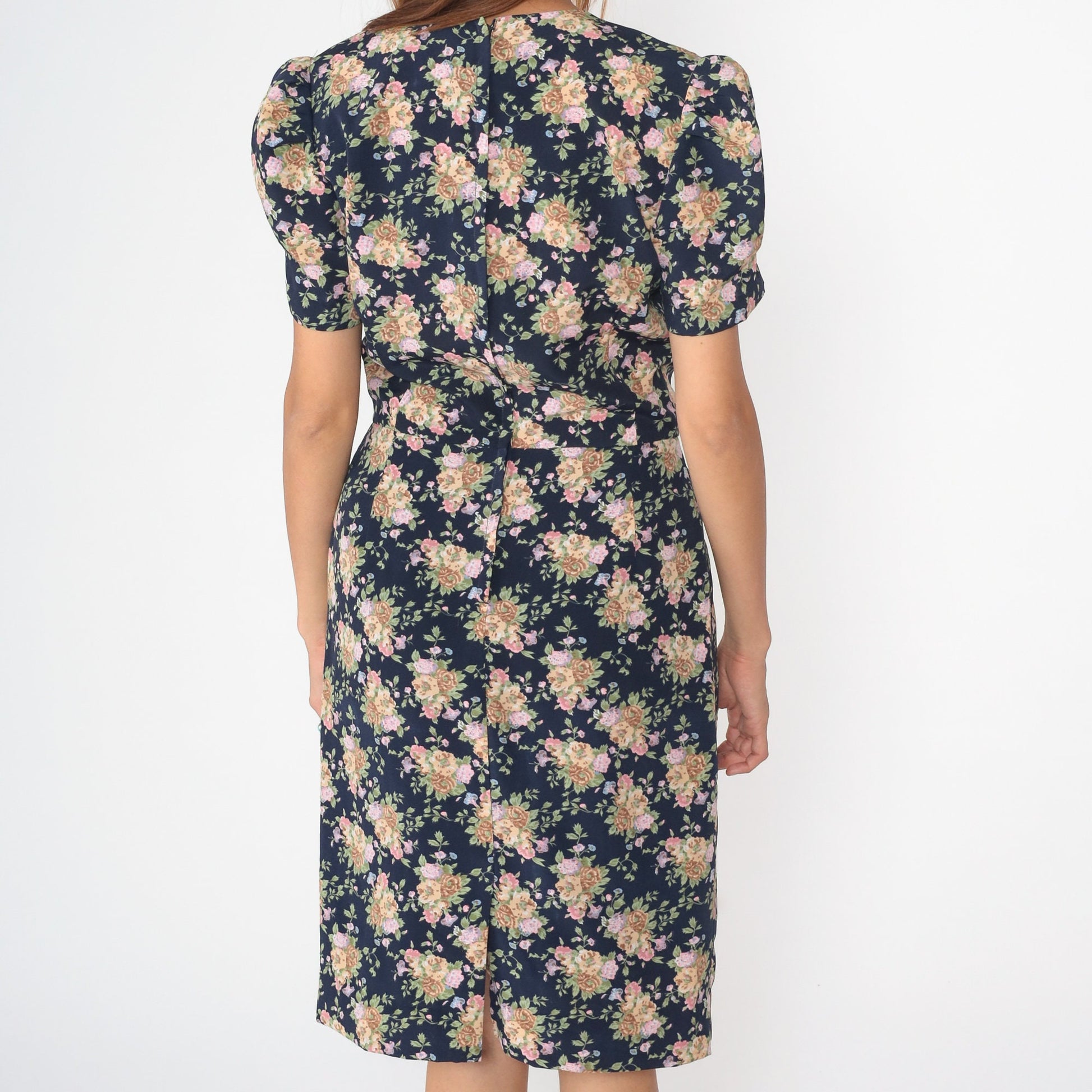 80s Navy Floral Puff Sleeve Dress U-Neck Sheath Midi Medium 8