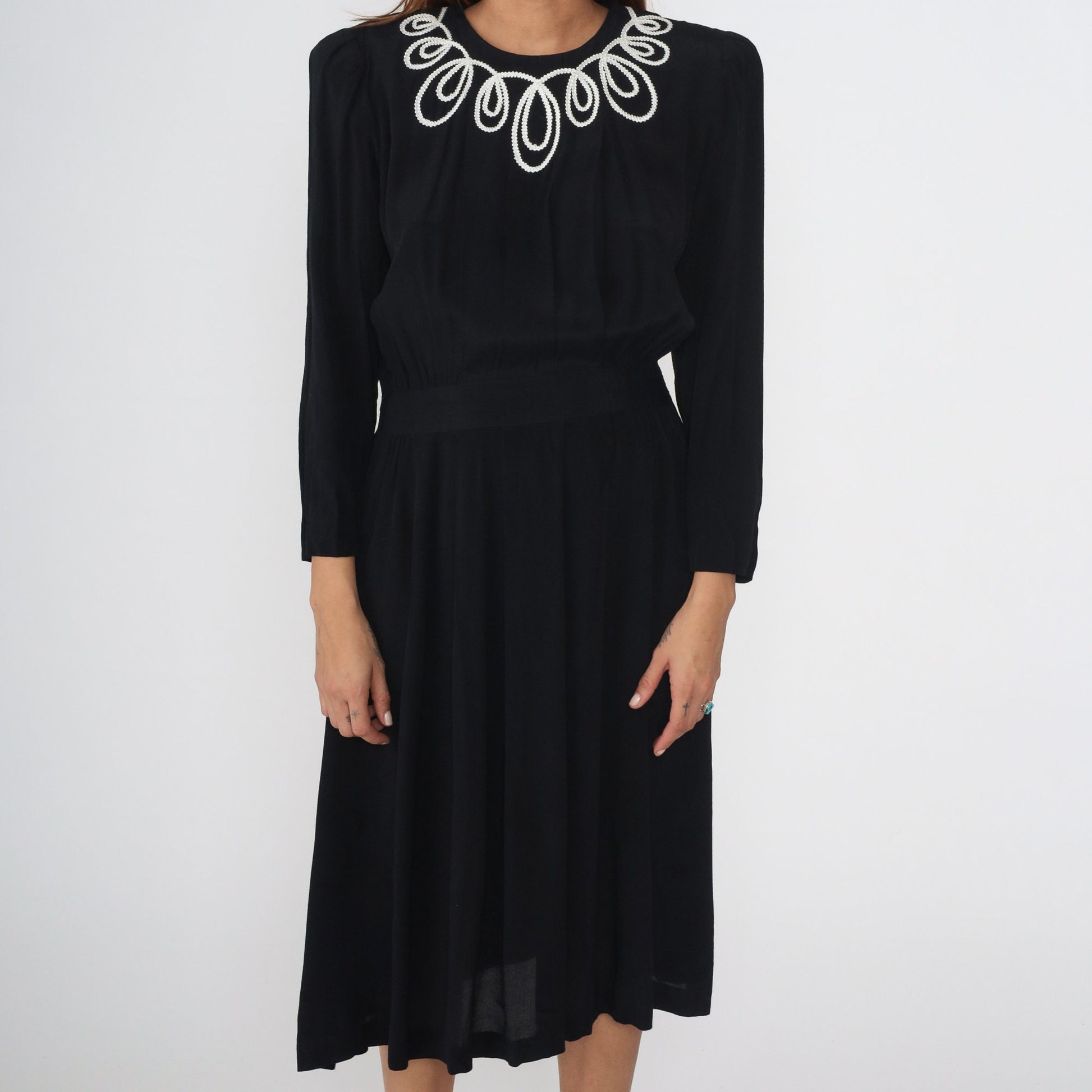 90s Black Midi Dress White Soutache Trim Power Shoulder Puff Sleeve Small