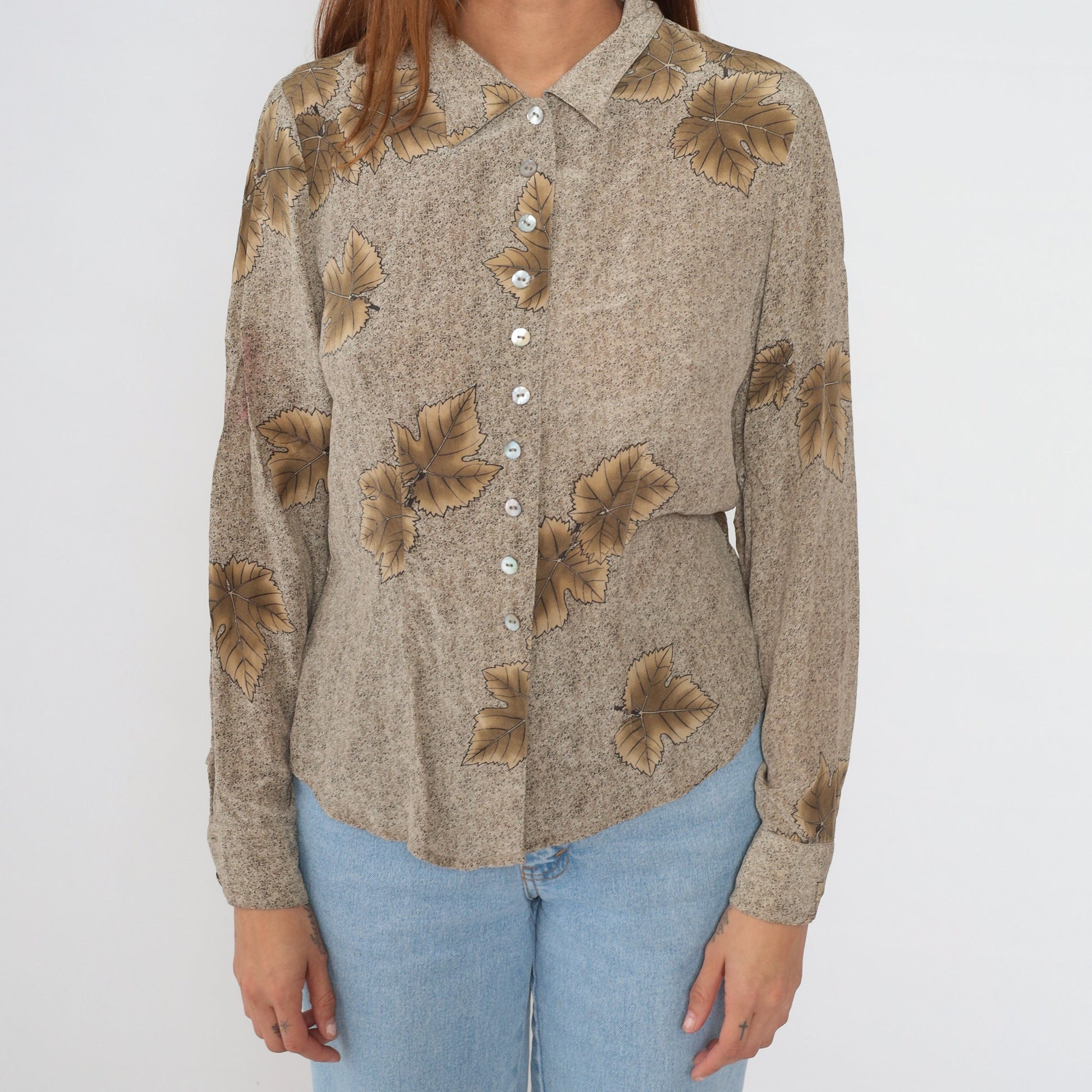 90s Victoria Soie Silk Leaf Print Blouse Brown Button-Up Medium