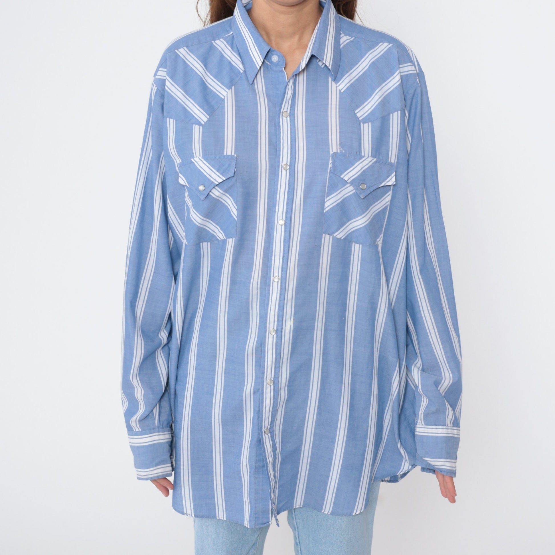 90s Western Pearl Snap Shirt Blue White Striped Long Sleeve Men's Extra Large