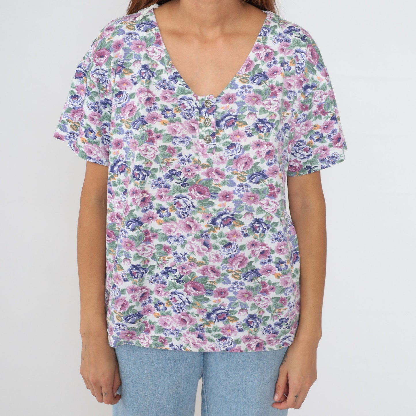 90s Floral Henley Shirt White Rose Print Short Sleeve Half Button Top Large L