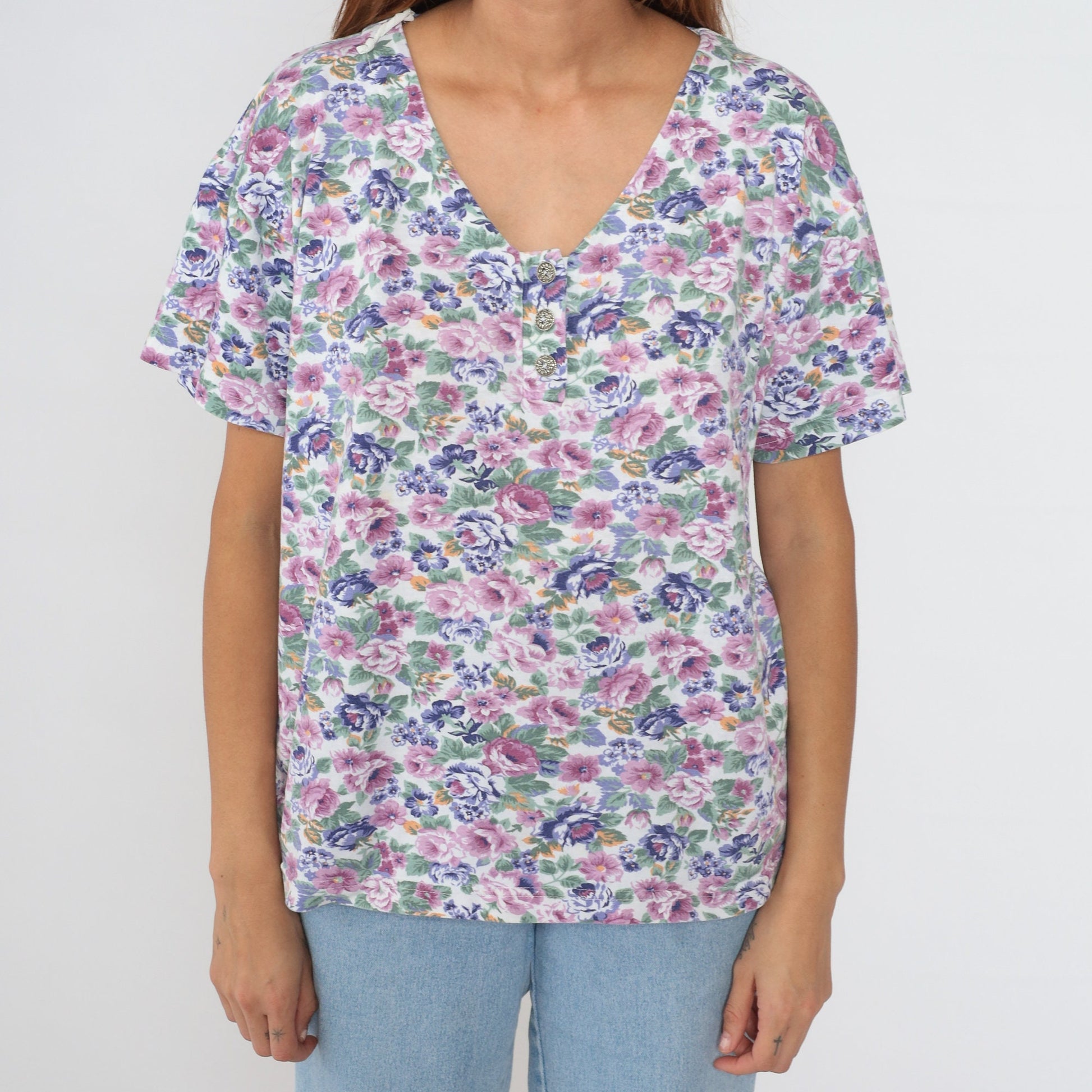 90s Floral Henley Shirt White Rose Print Short Sleeve Half Button Top Large L