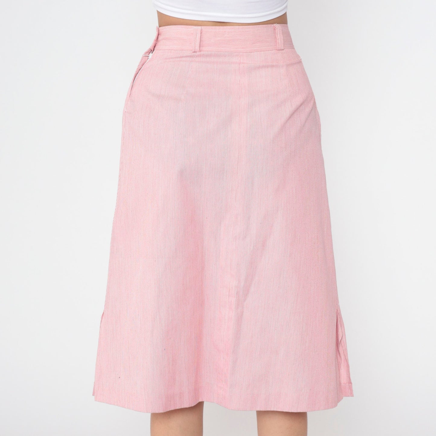 80s Pink Pinstriped Midi Skirt High Waist Straight Cut Small S
