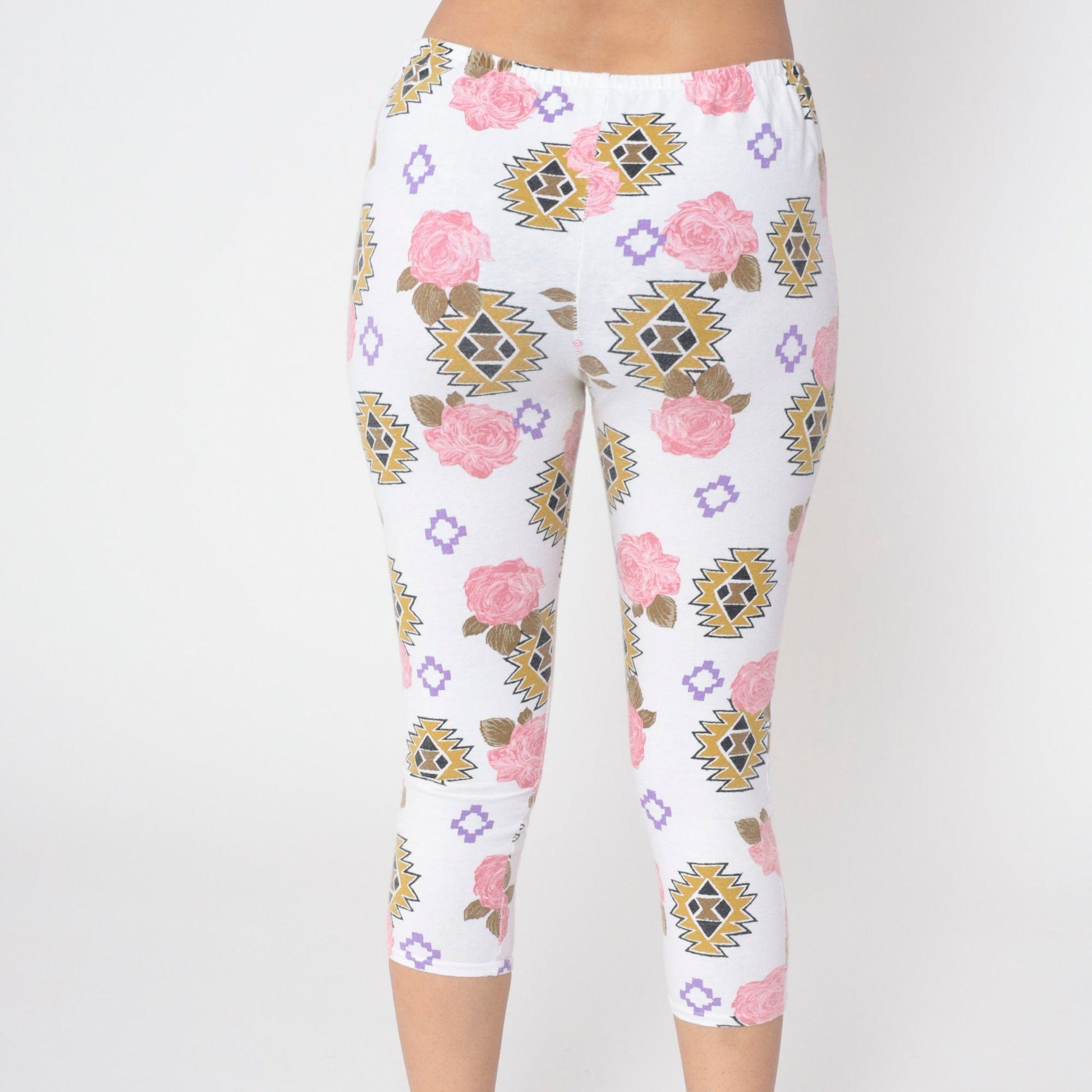 90s Floral Southwestern Capri Leggings White Pink Rose High Waist Extra Small