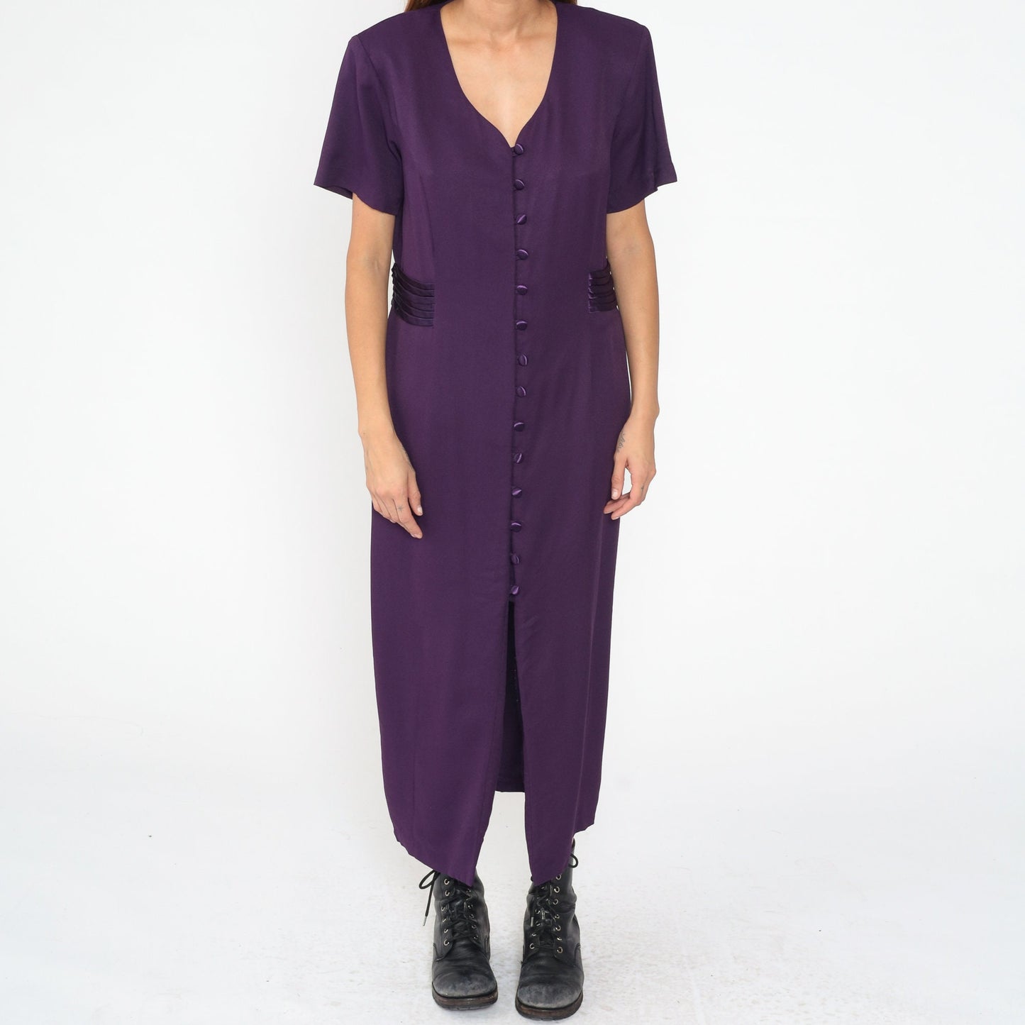 90s Dark Purple Maxi Shirtdress Button Front V Neck Princess Seam Large L