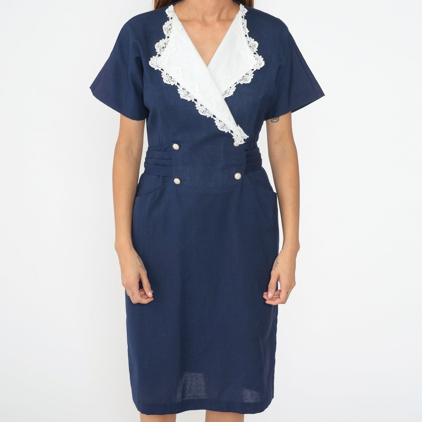 80s Navy Shirtdress White Lace Collar Double Breasted Wrap Midi Medium