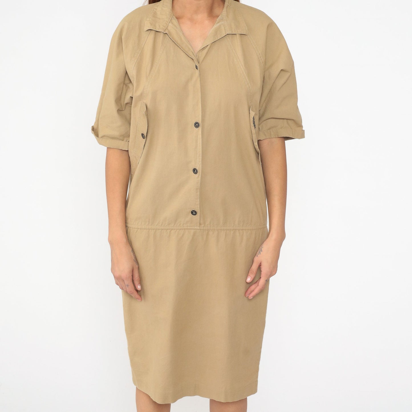 80s Khaki Cargo Shirt Dress Button-Up Raglan Midi Sheath Medium