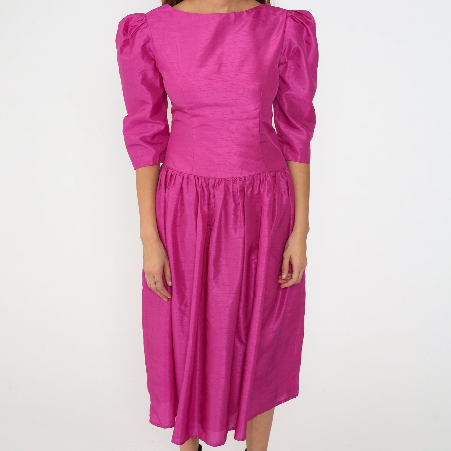 80s Fuchsia Pink Puff Sleeve Midi Dress Drop Waist Full Skirt Small