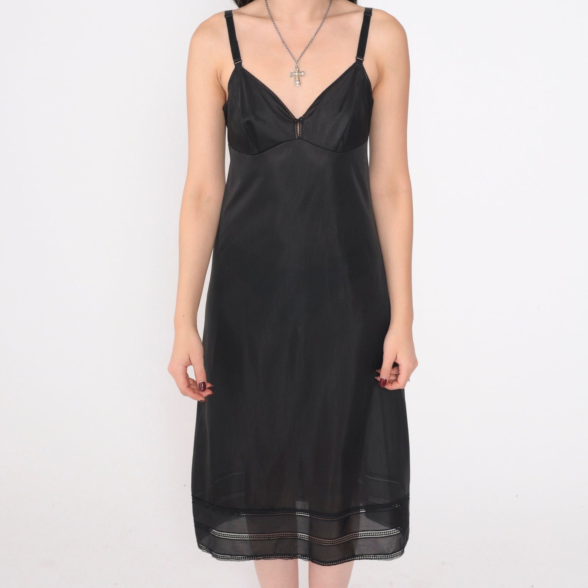 80s Black Nylon Slip Dress Empire Waist Midi Spaghetti Strap Small