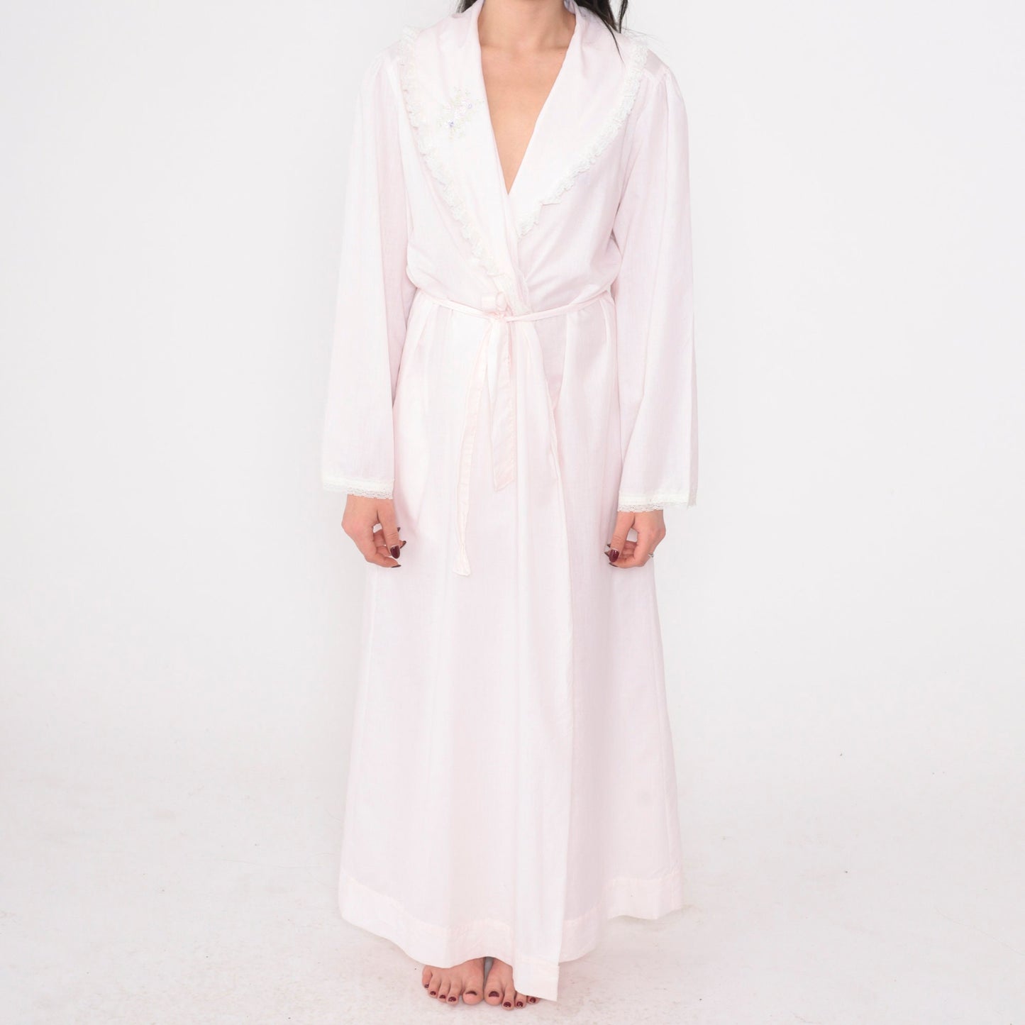 70s Lewis Frimel Pink Maxi Lingerie Robe Lace Floral Embroidered Tie Front Small