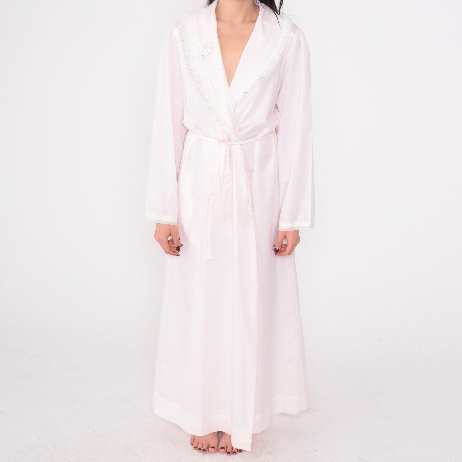 70s Lewis Frimel Pink Maxi Lingerie Robe Lace Floral Embroidered Tie Front Small