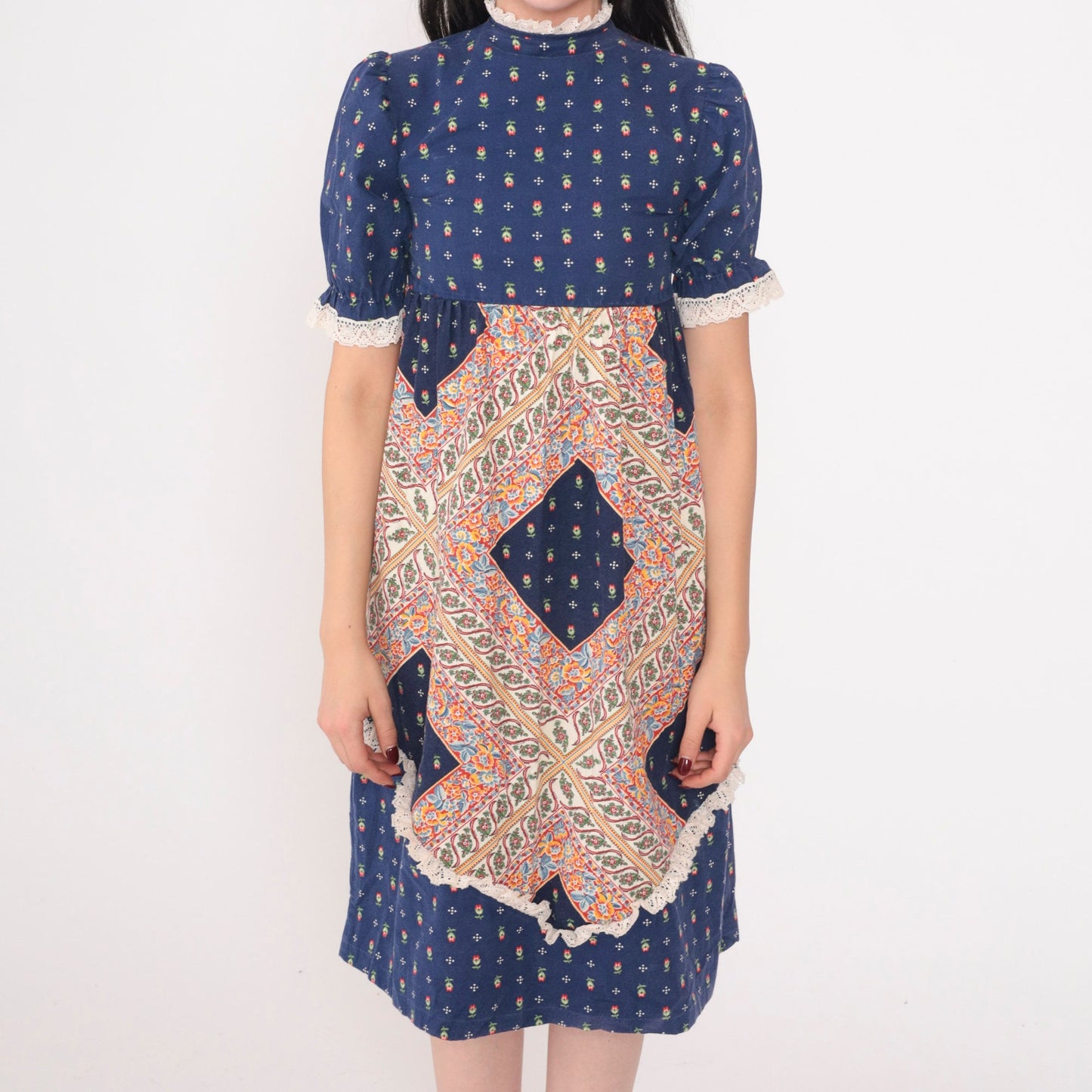 70s Arlene Airess Babydoll Dress Blue Calico Floral Puff Sleeve Mini XXS