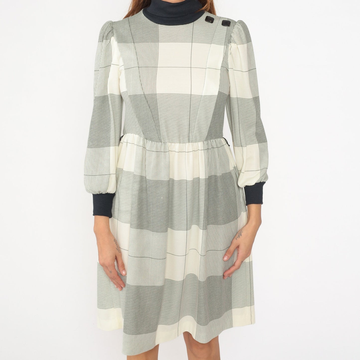 80s Cream Black Checkered Midi Dress Puff Sleeve Turtleneck Small Petite
