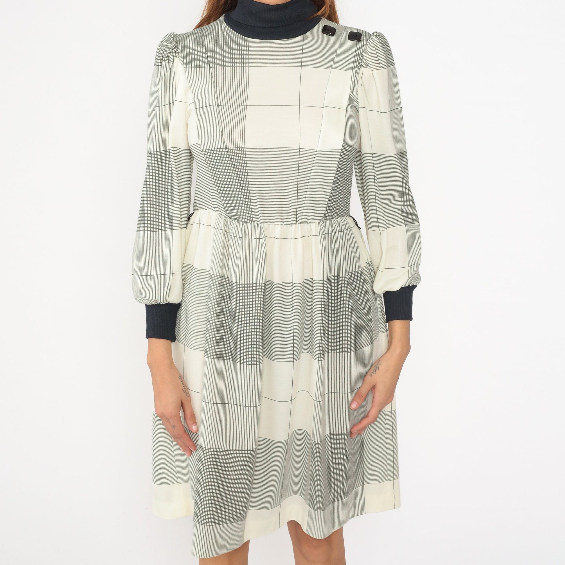 80s Cream Black Checkered Midi Dress Puff Sleeve Turtleneck Small Petite