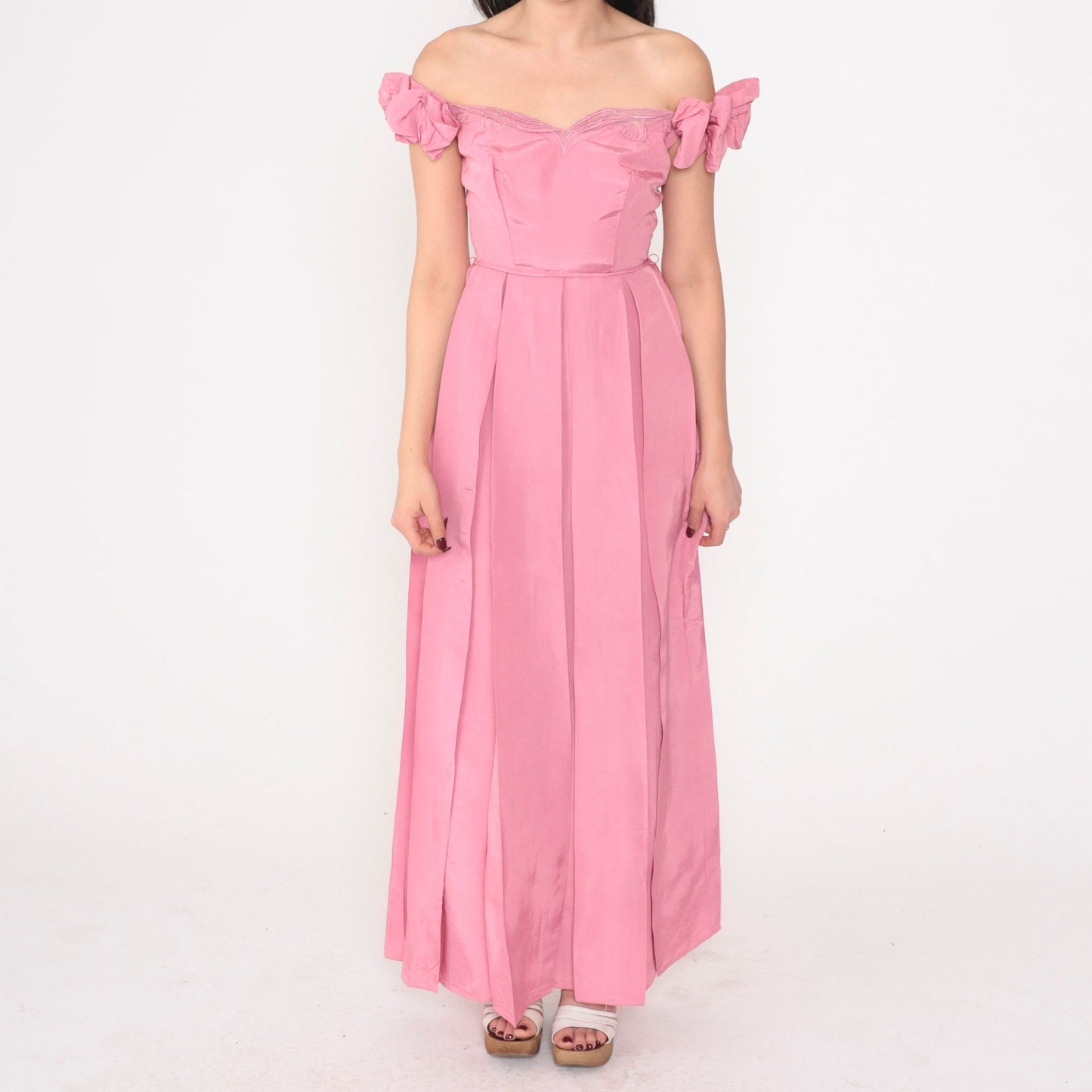 80s Pink Off-Shoulder Maxi Prom Dress Bow Sleeves Pleated Skirt Extra Small