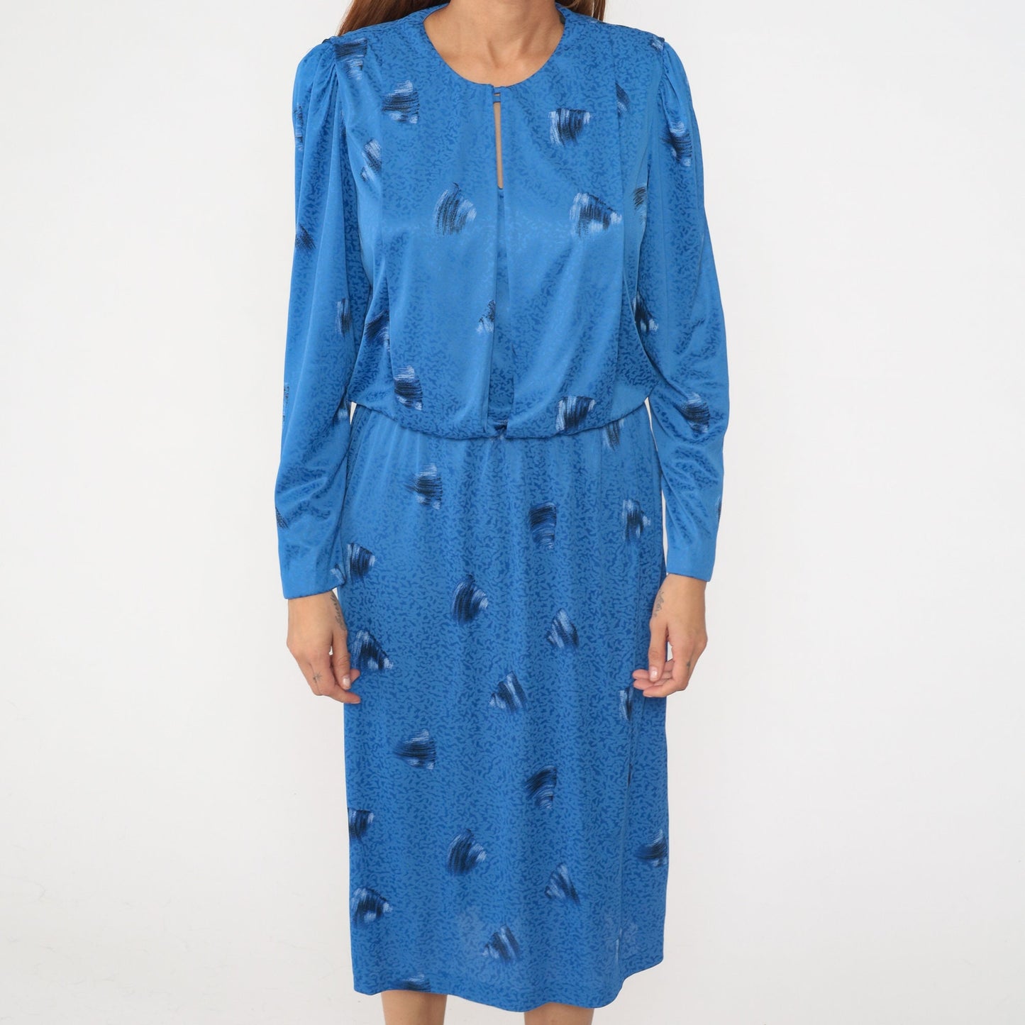 80s Blue Brushstroke Midi Dress Puff Sleeve High Waist Blouson Large
