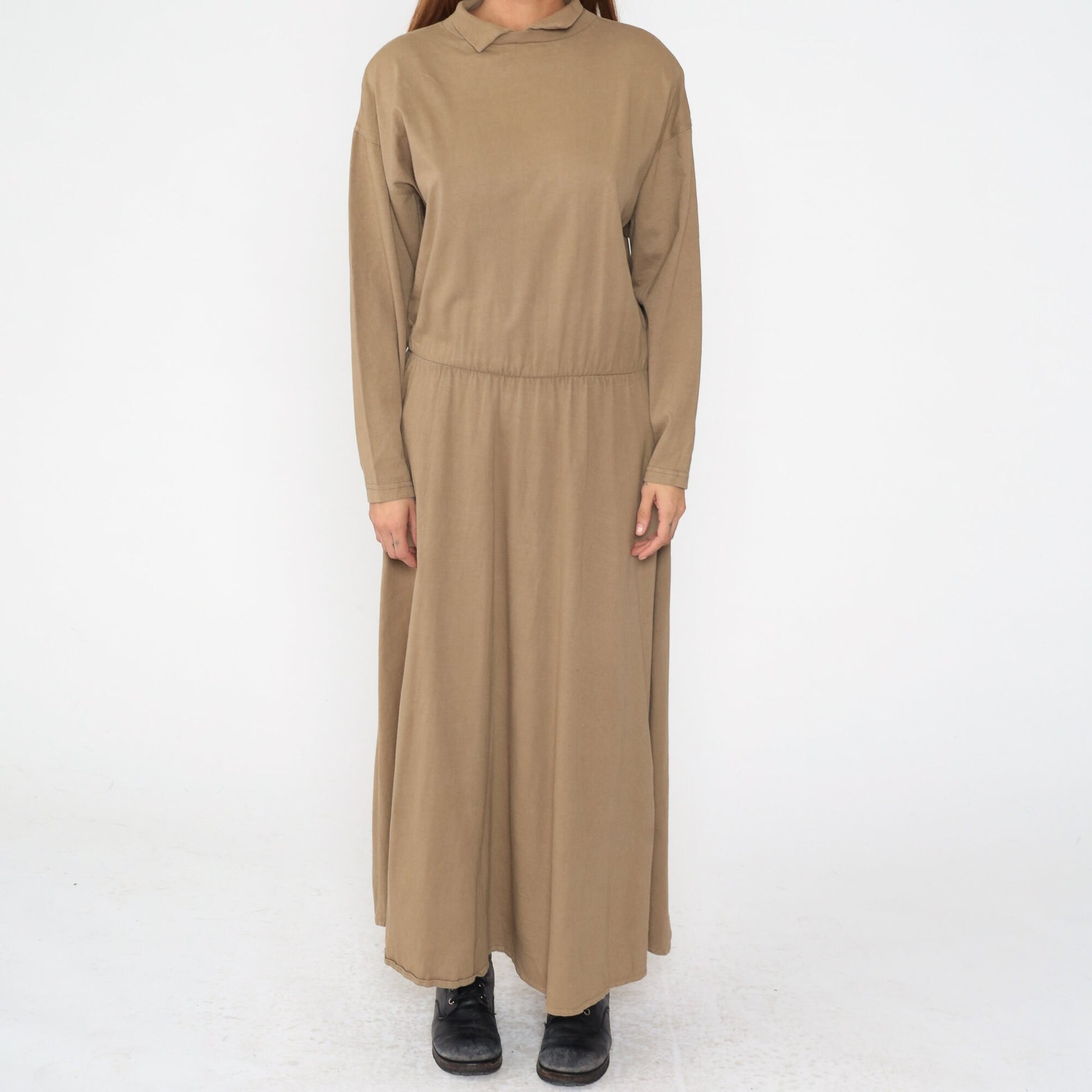 90s Brass Plum Khaki Cotton Maxi Dress Collared Long Sleeve Medium
