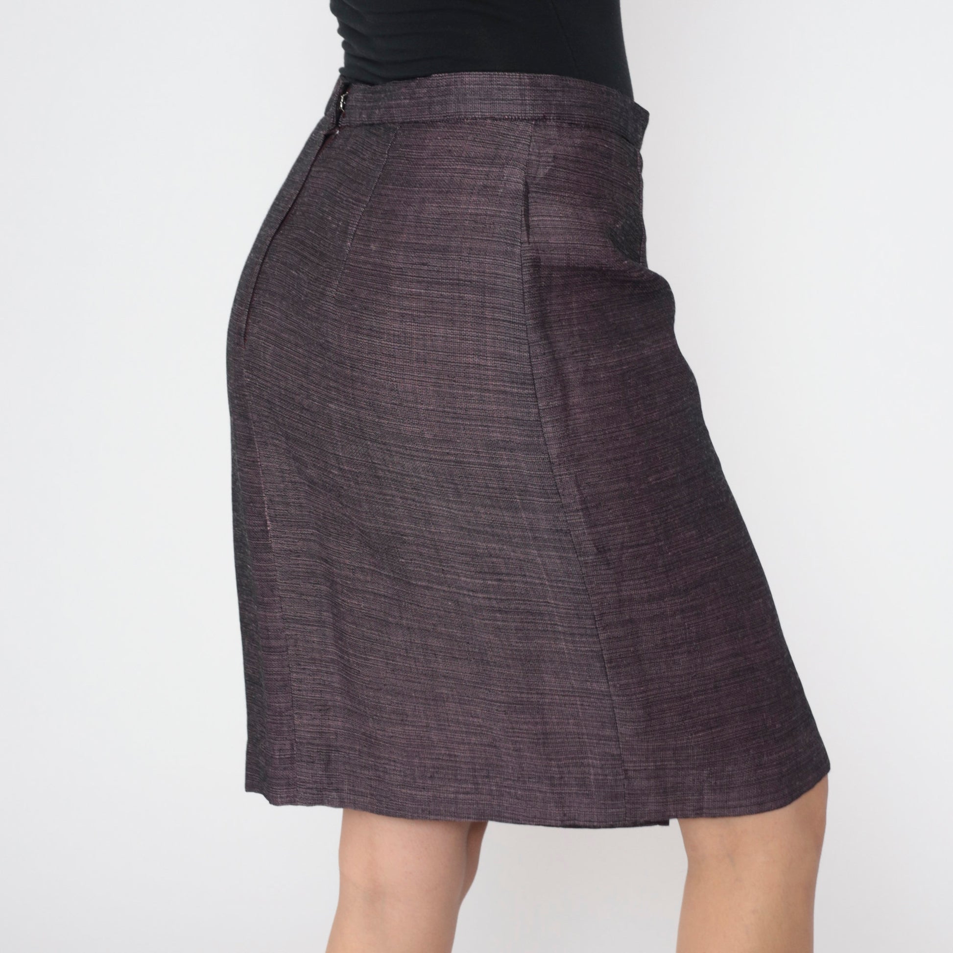 80s Heathered Black Pink Pencil Skirt High Waist Midi Kick Pleat Medium