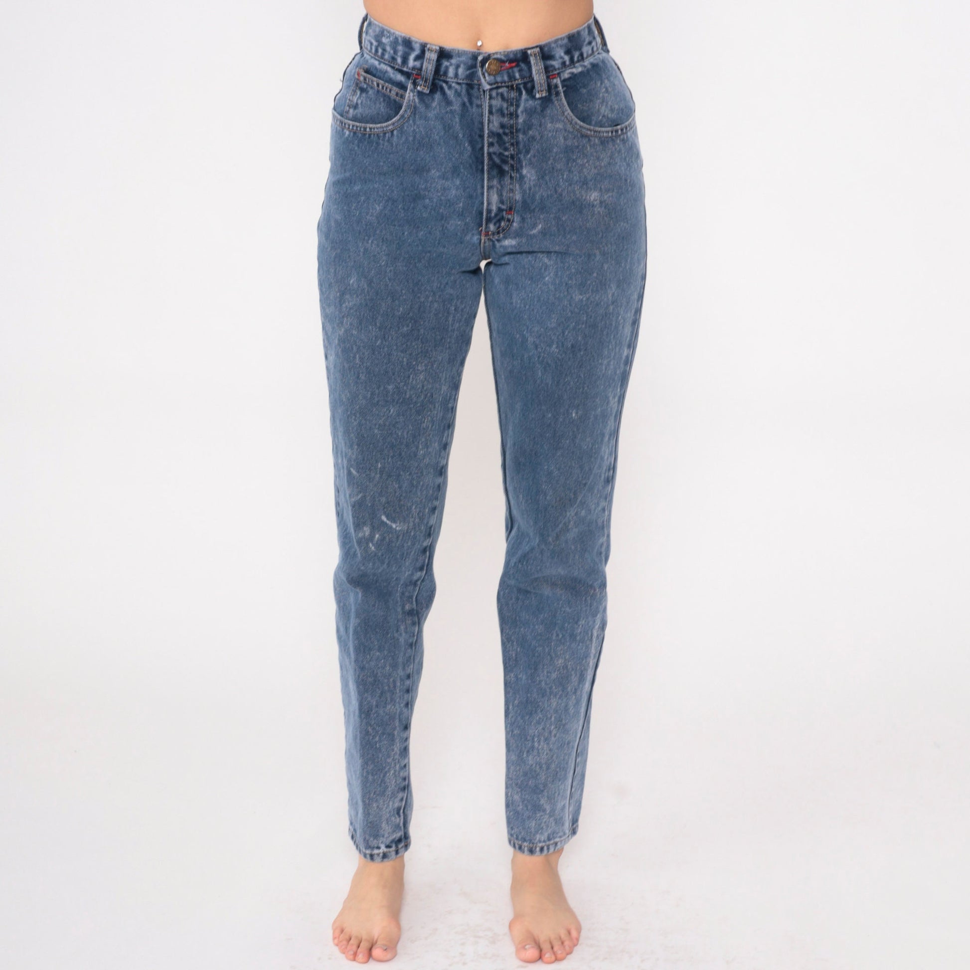 90s Zena Acid Wash High-Waist Tapered Jeans Blue Denim Small 26