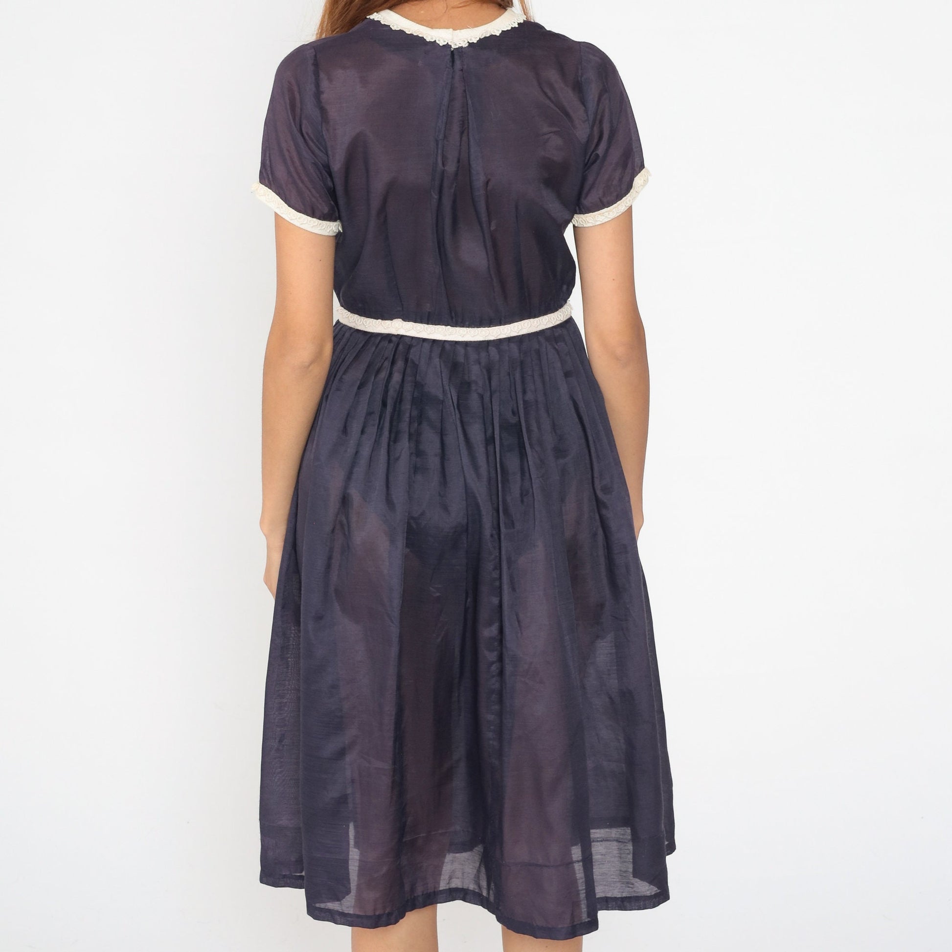 1950s Navy Sheer Button-Up Shirtdress Lace Trim Pleated Skirt Tea Length Small S