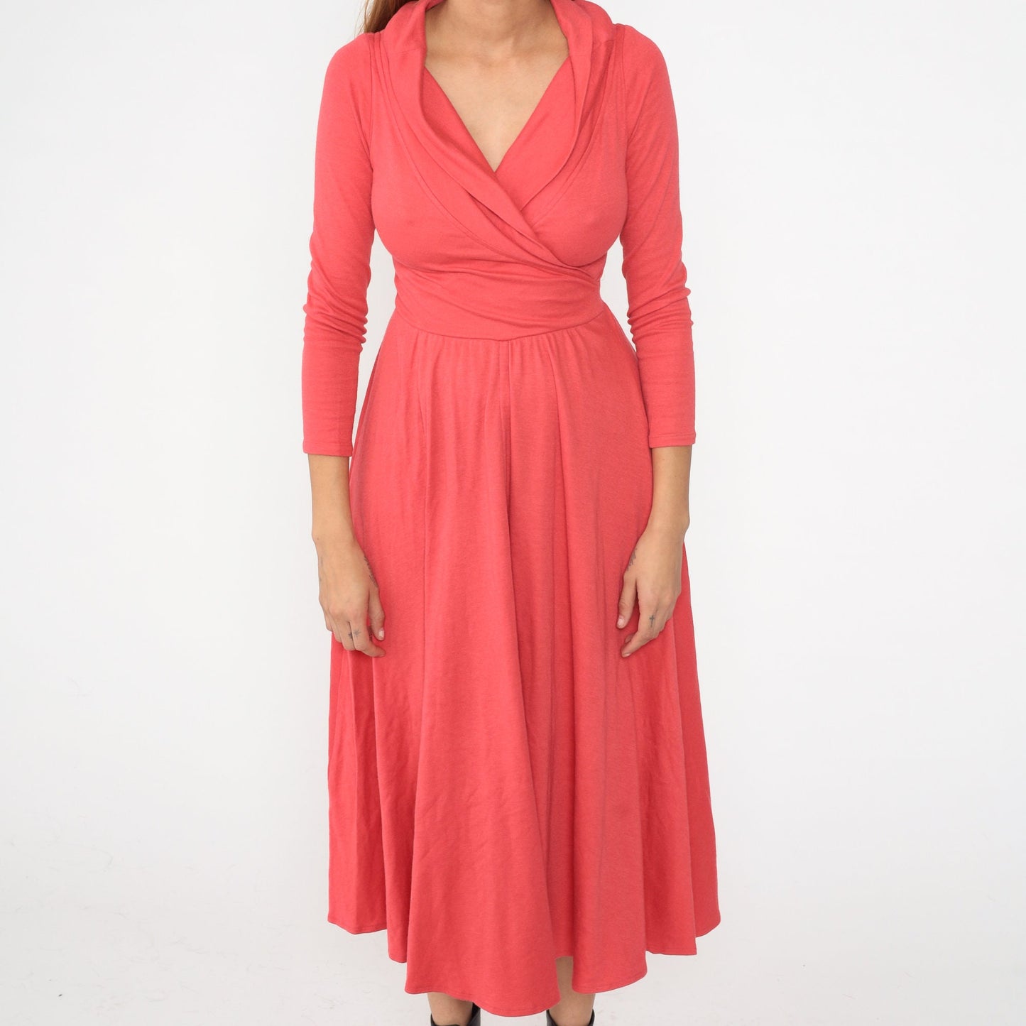 90s Coral Wrap Midi Dress Deep V Neck Long Sleeve High Waist Small S