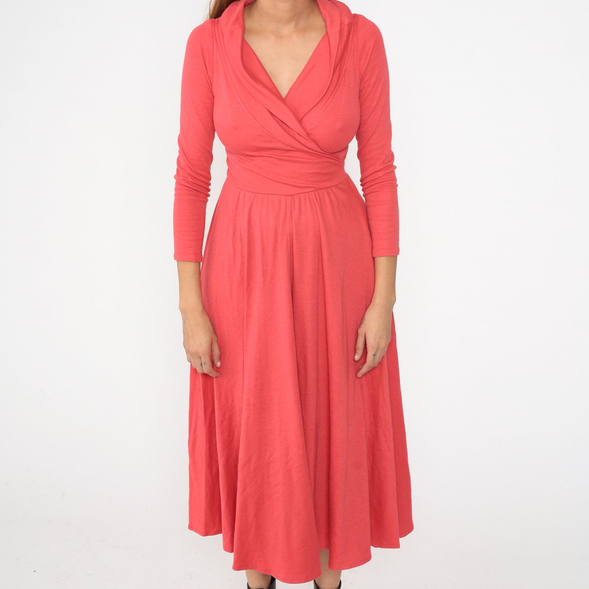 90s Coral Wrap Midi Dress Deep V Neck Long Sleeve High Waist Small S