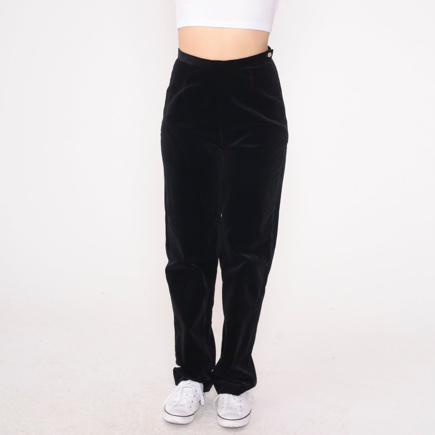 90s Black Velvet High-Waisted Trousers Straight Leg Small