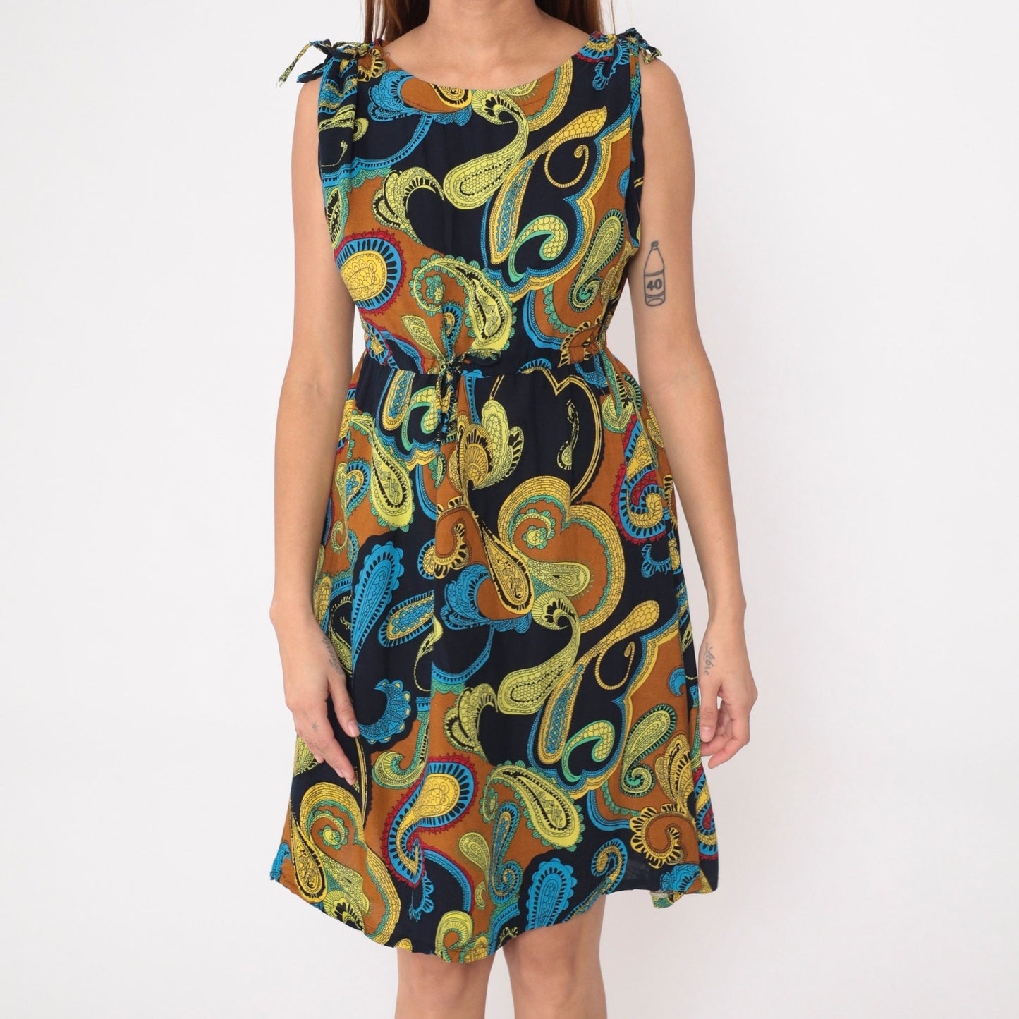 Y2K Paisley Sundress Drawstring Waist Sleeveless Shoulder Tie Black Yellow Medium
