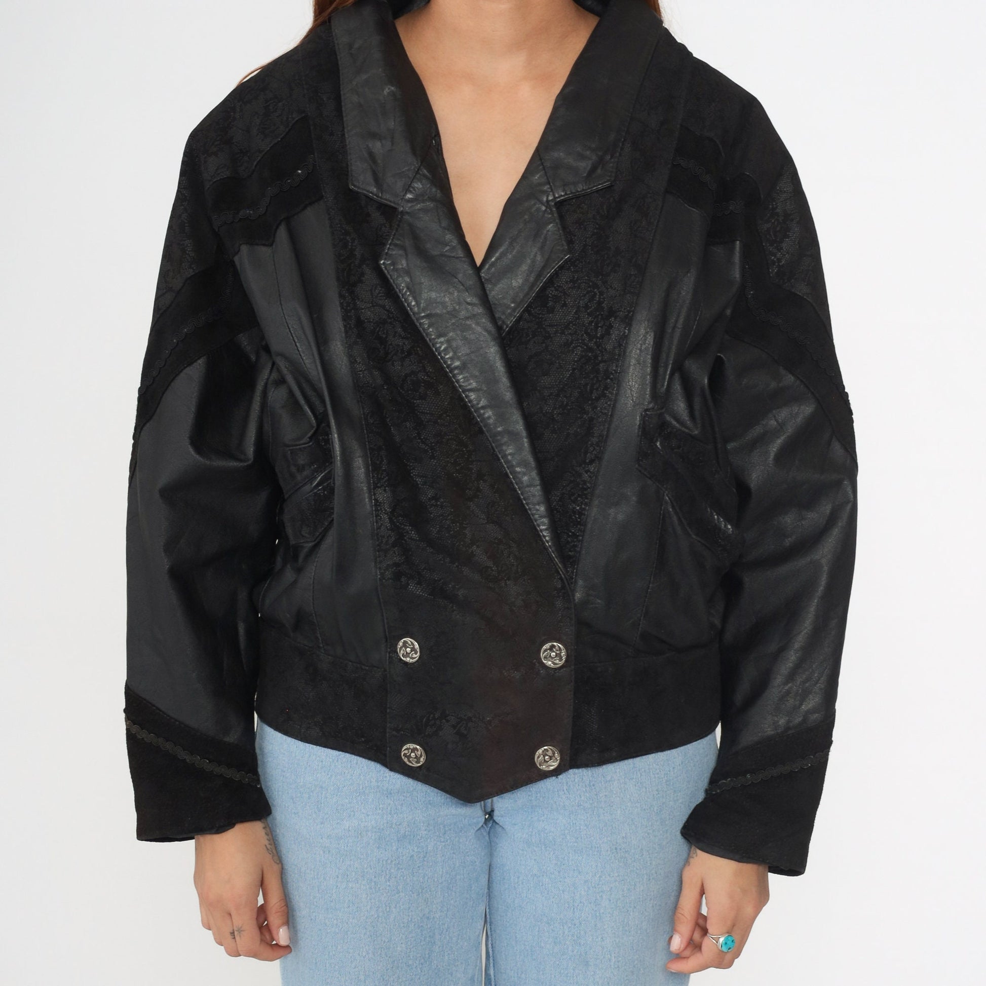 90s G-III Black Leather Jacket Notch Lapel Buttoned Medium