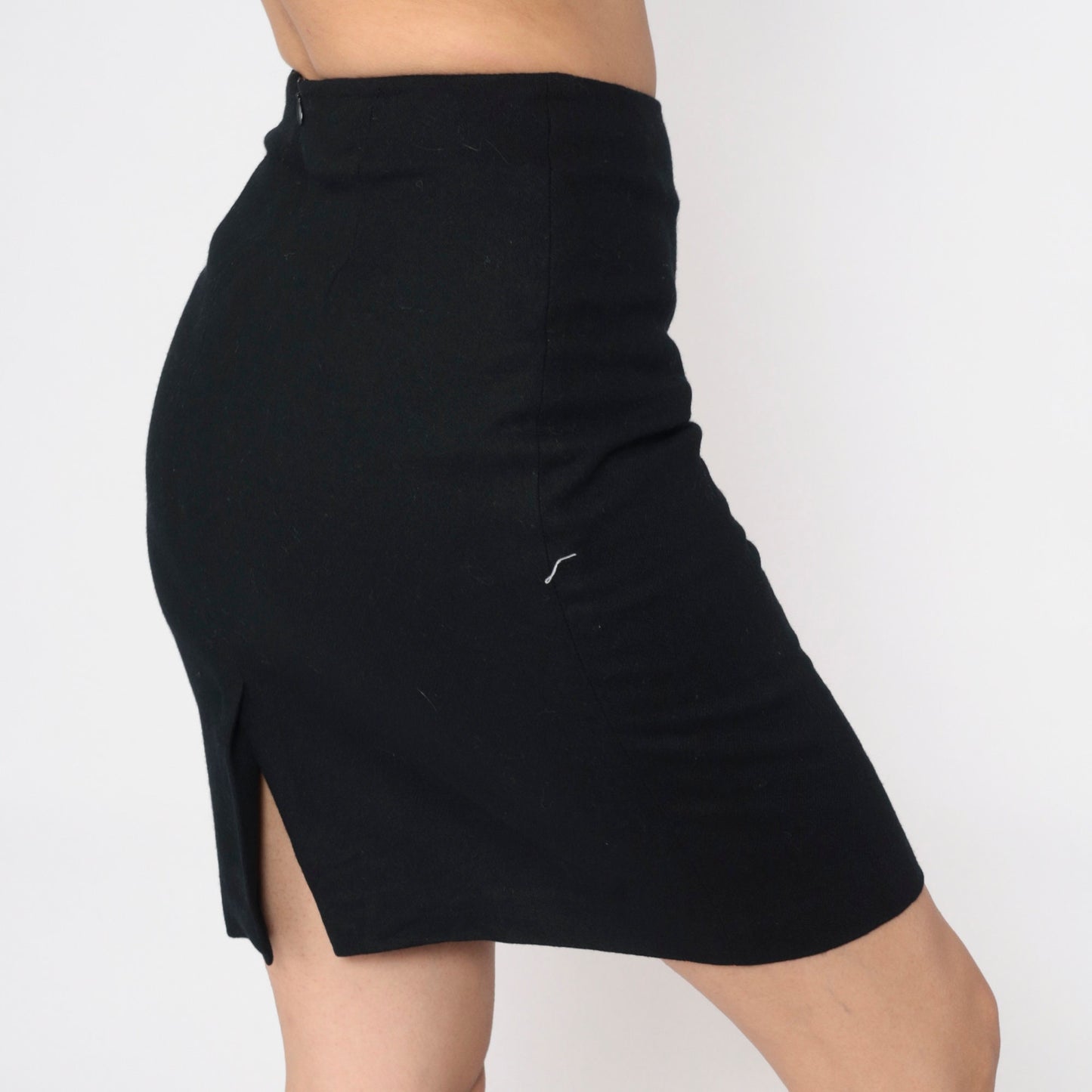 90s Black Wool Mini Pencil Skirt High Waist Rear Zip Extra Small XS