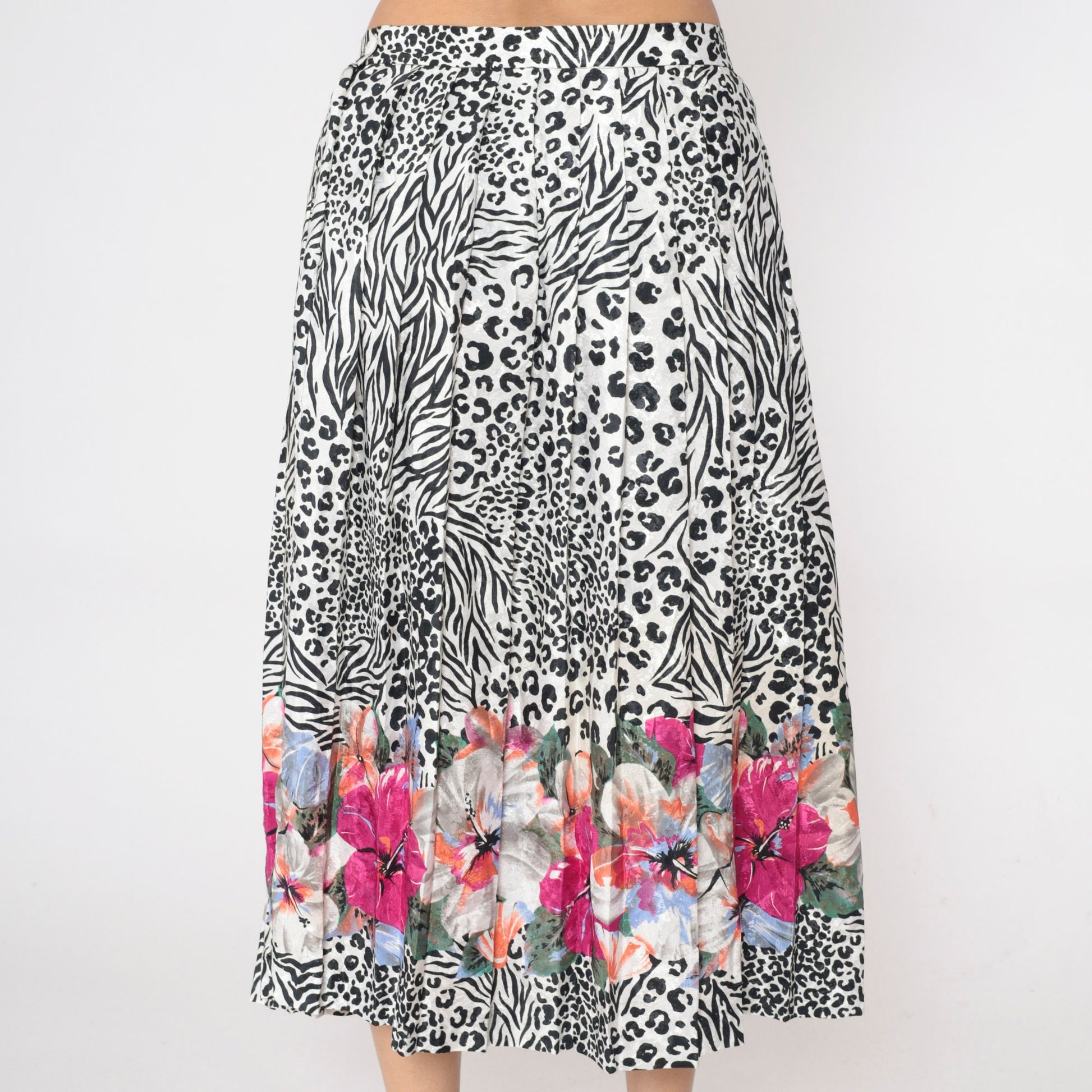 80s Leopard Zebra Floral Embossed Pleated Midi Skirt High Waist Black White Large