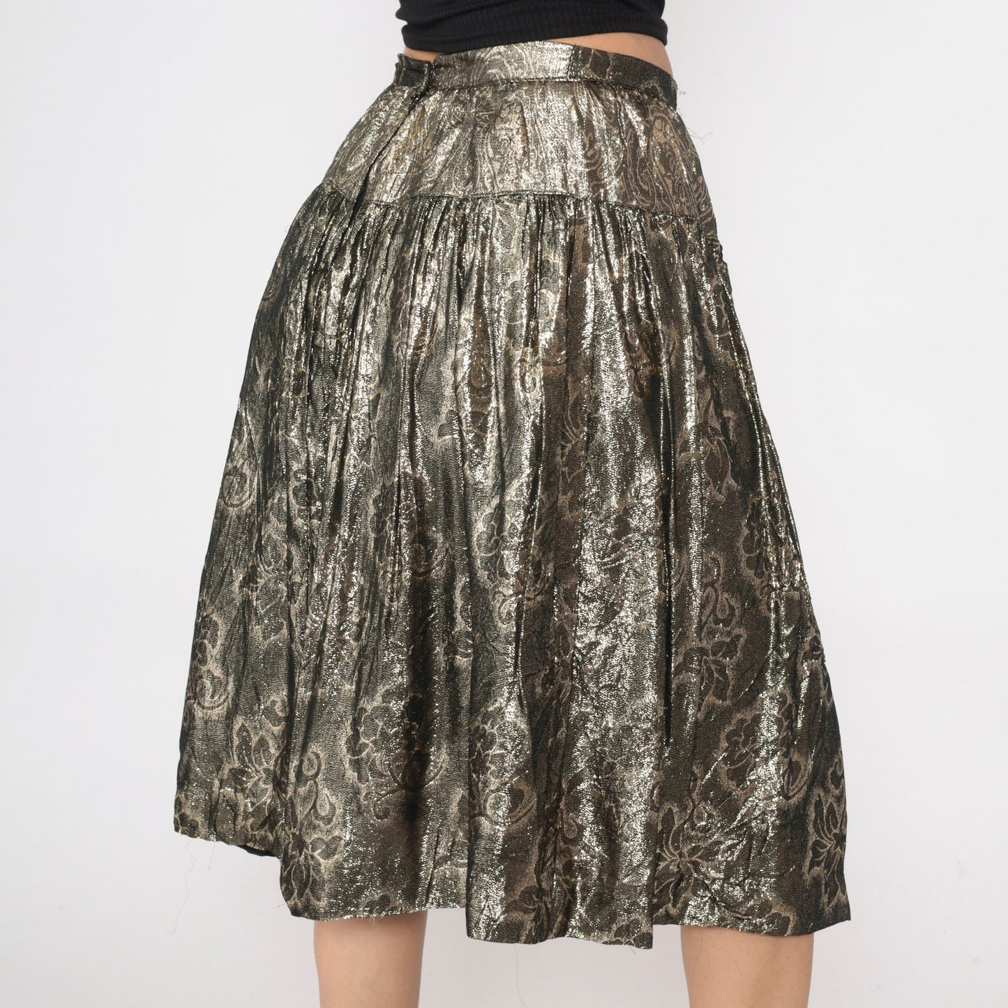 90s Gold Floral Midi Skirt High Waisted Metallic Yoke Small