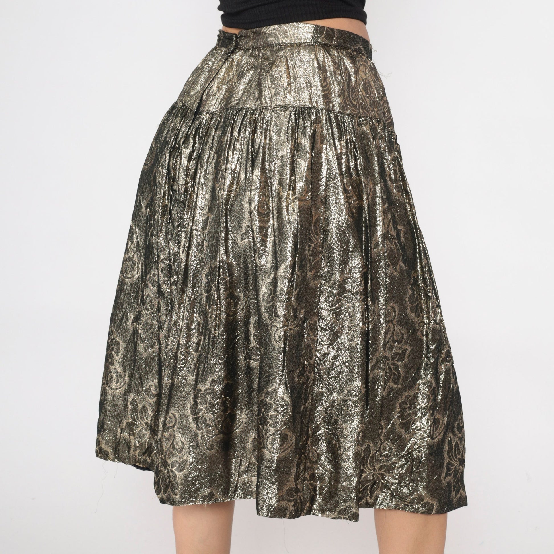 90s Gold Floral Midi Skirt High Waisted Metallic Yoke Small