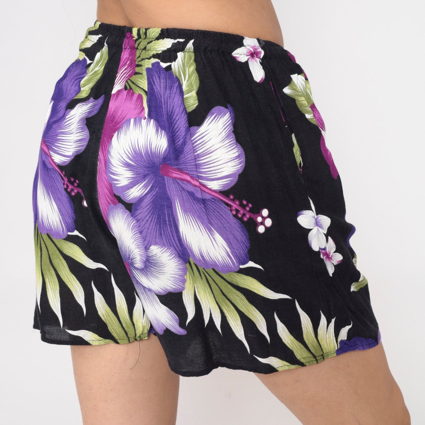 Y2K Black Rayon Shorts Purple Hibiscus Tropical Floral Drawstring Small Medium