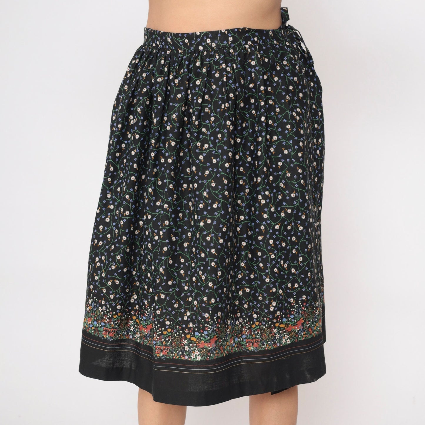80s Black Floral Animal Print Wrap Skirt Ditsy Bunny Squirrel Raccoon Extra Small
