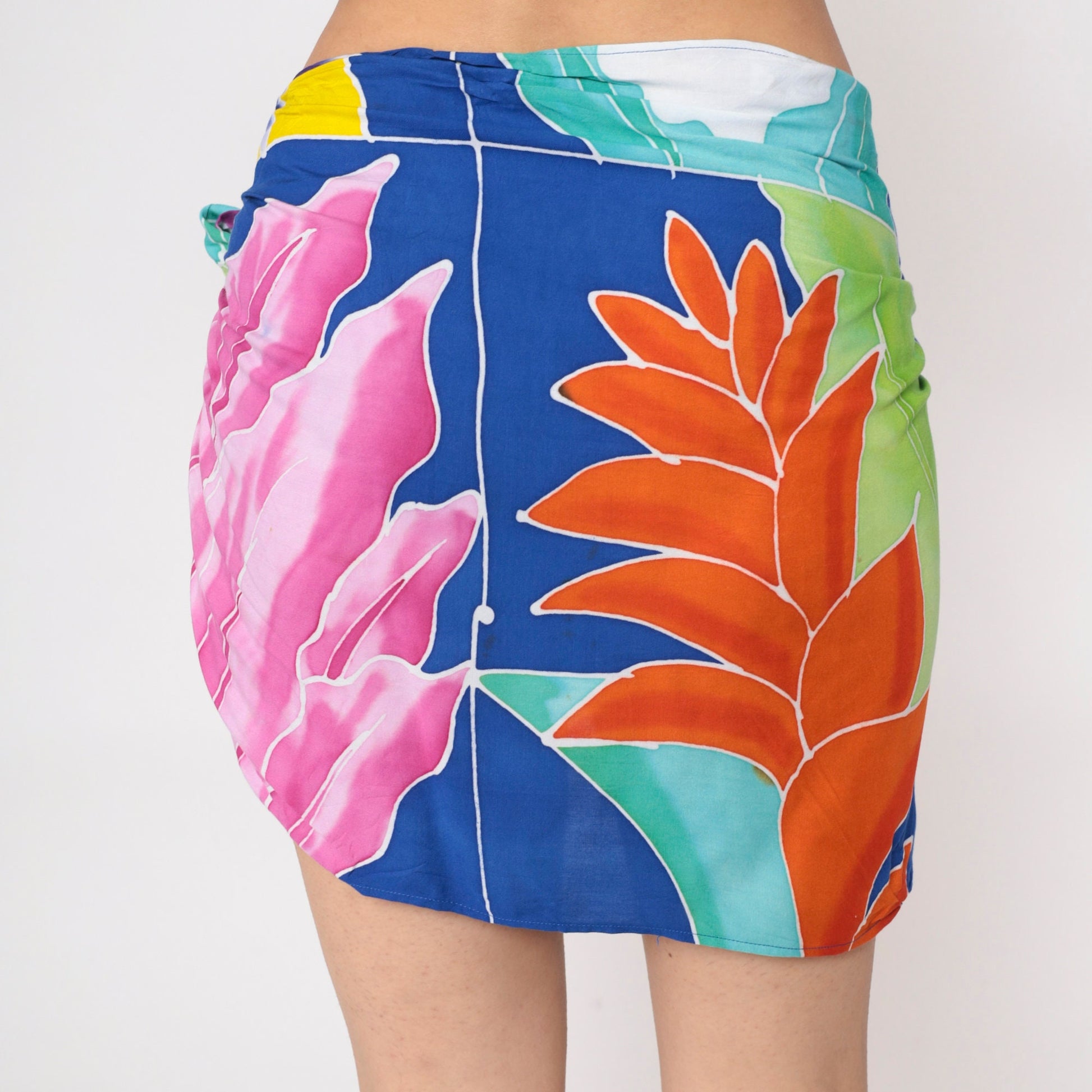 80s Buster N Bogi Tropical Sarong Mini Skirt Blue Floral Rayon Medium