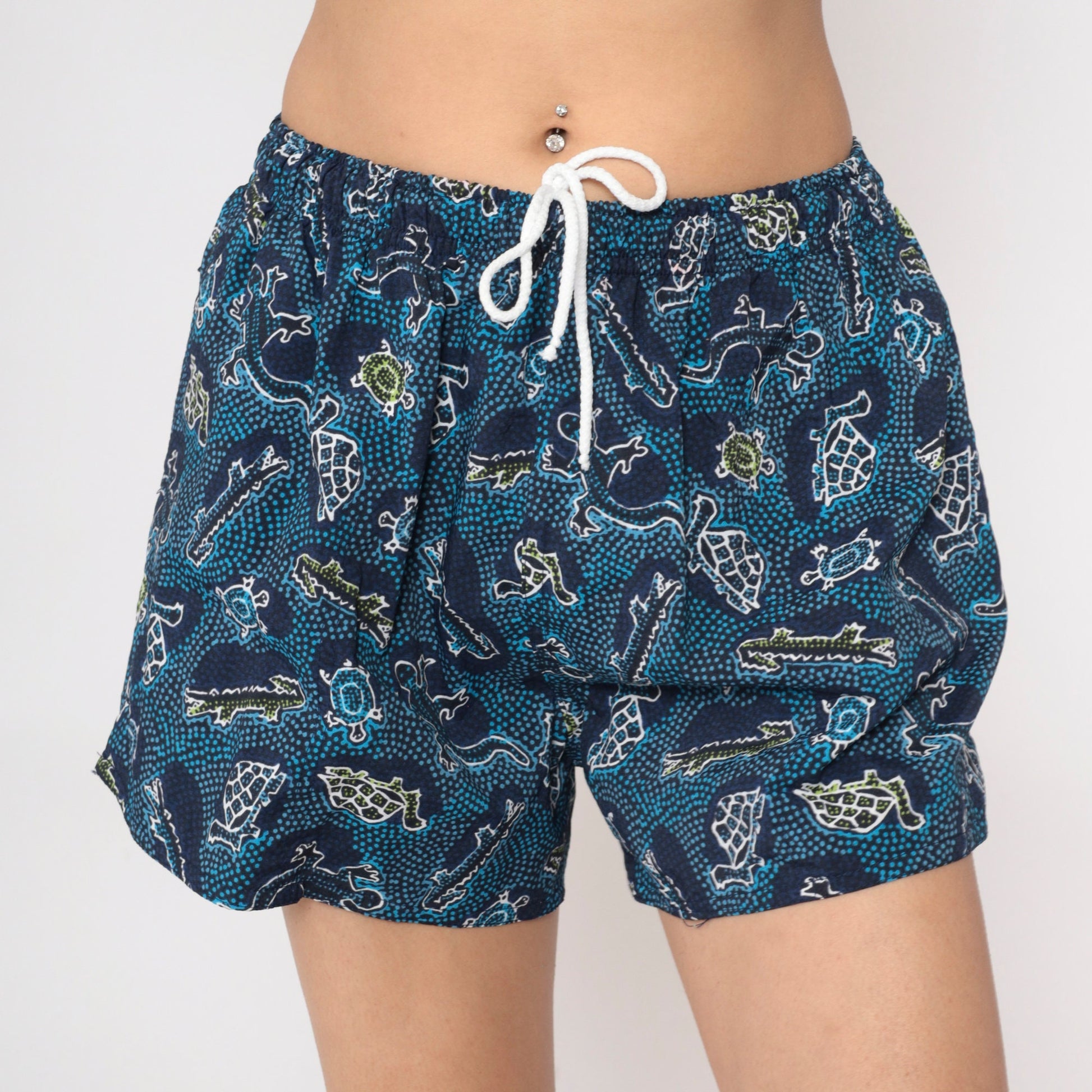 00s Turtle Alligator Print Swim Shorts Blue Elastic Waist Small