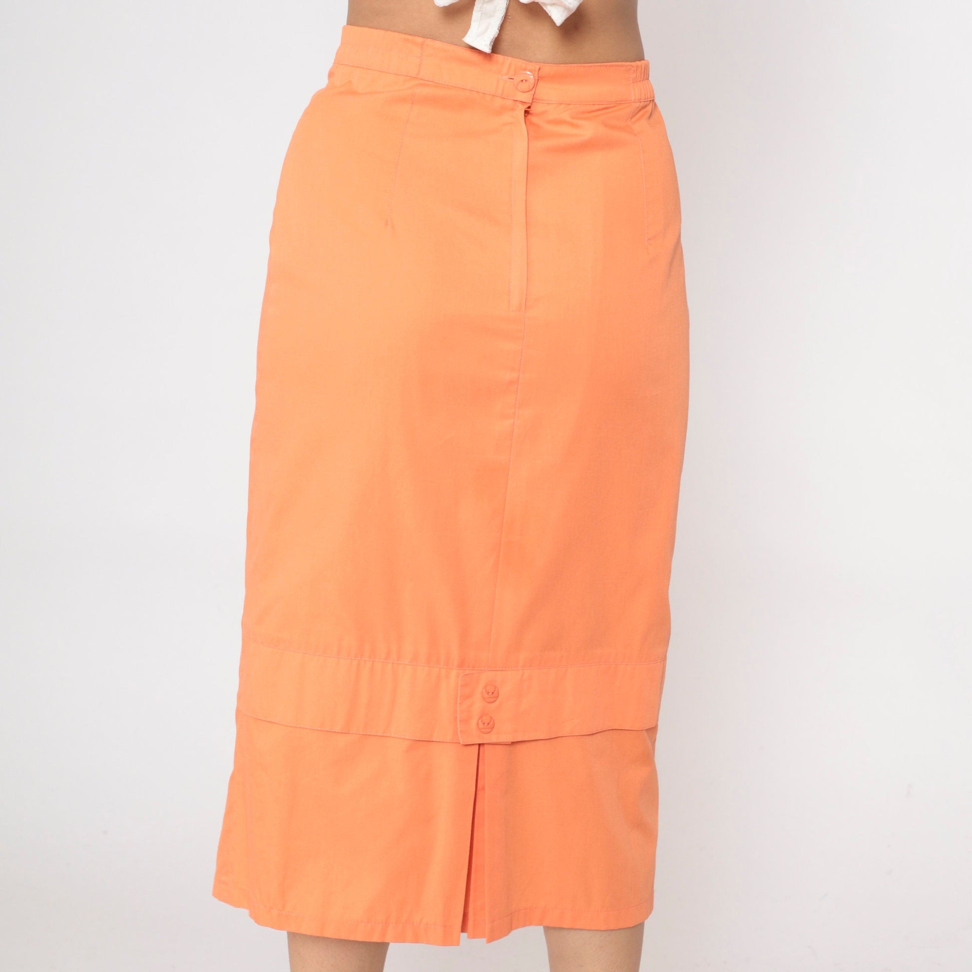 80s Orange Midi Pencil Skirt High Waist Kick Pleat Small