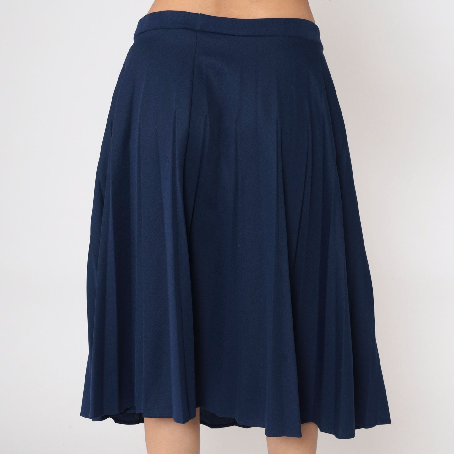 80s Navy Pleated Skirt High Waist Knee Length A-Line Large 14
