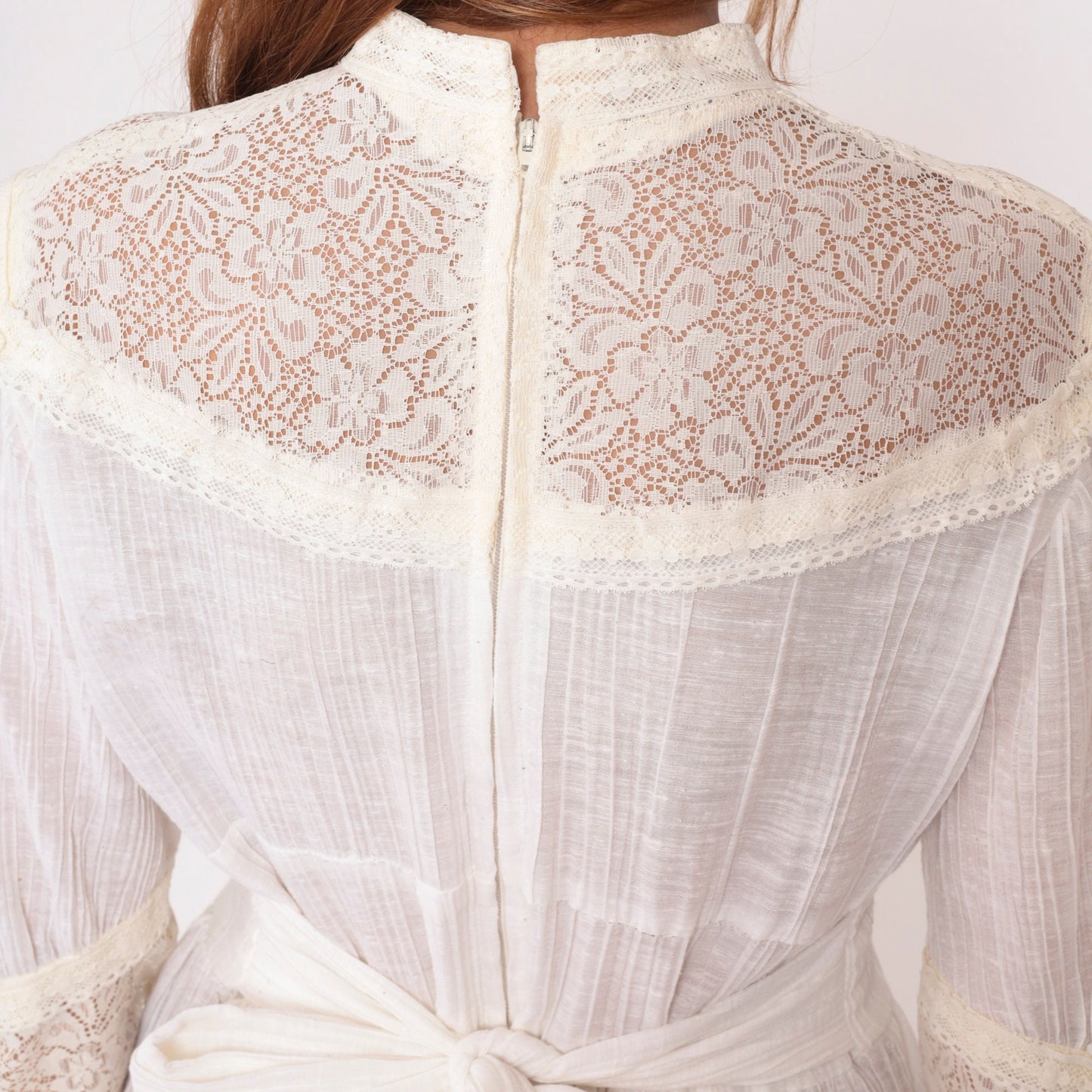 70s Maxi Dress Gauze Lace High Neck Tie Waist Long Sleeve Off-White Medium