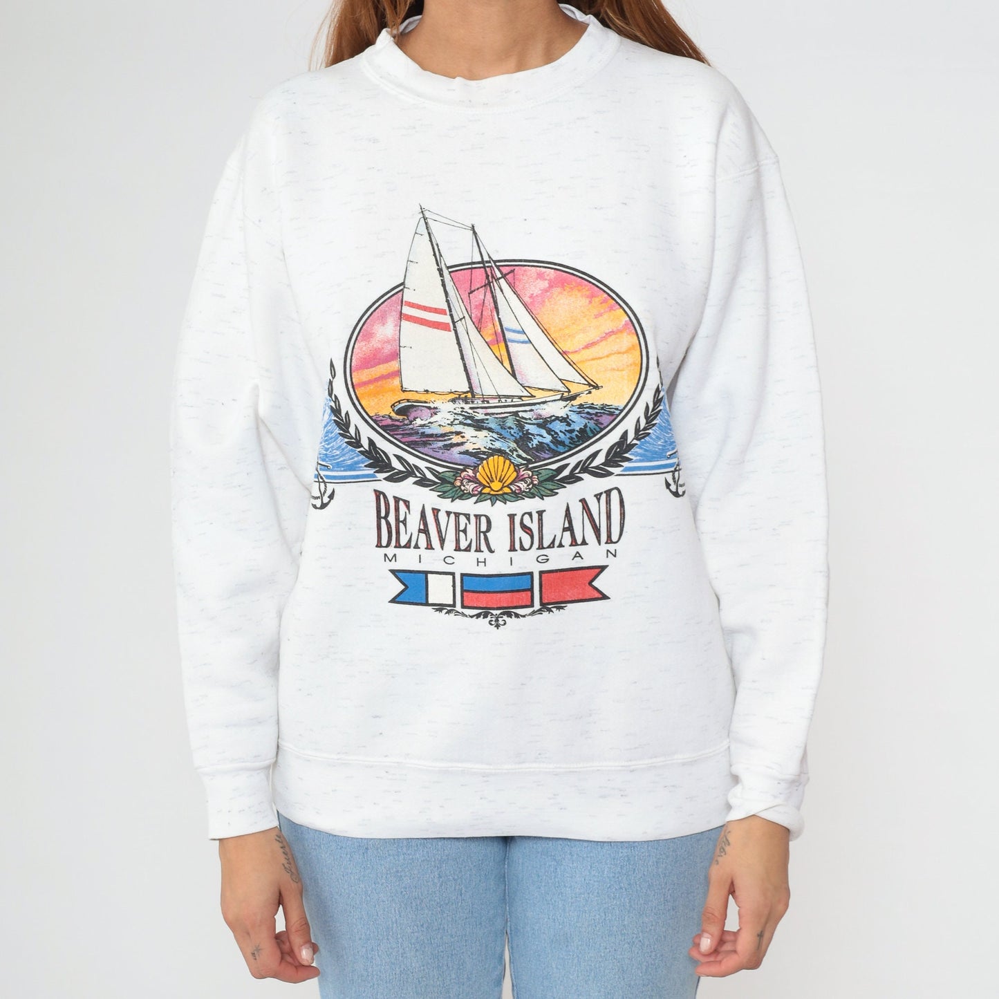 90s Beaver Island Michigan Sailboat Sweatshirt White Crewneck Medium