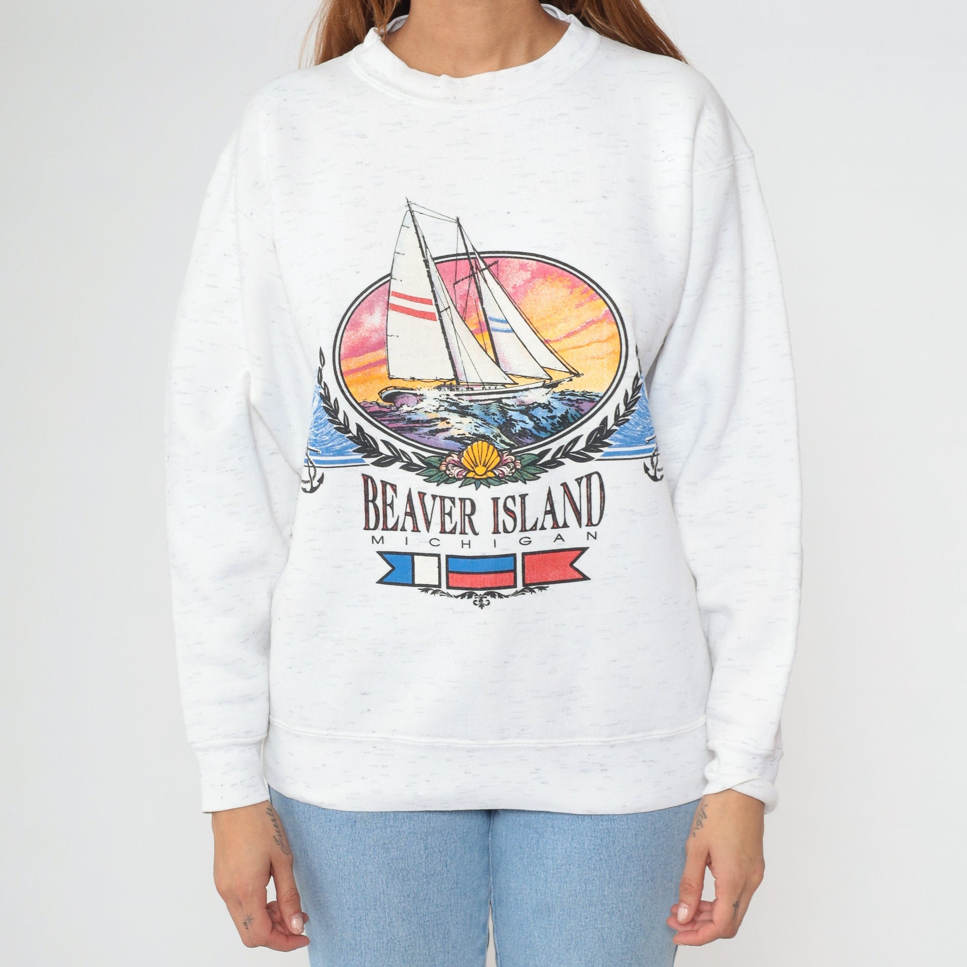 90s Beaver Island Michigan Sailboat Sweatshirt White Crewneck Medium