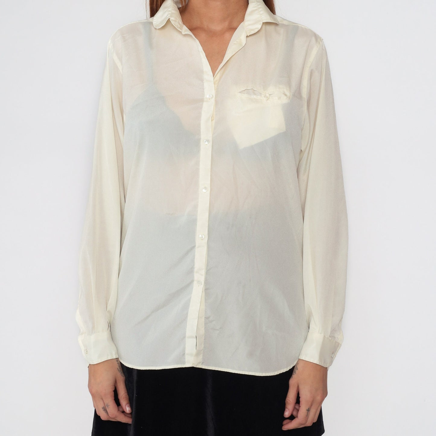 80s Liz Claiborne Cream Button-Up Blouse Long Sleeve Chest Pocket Large