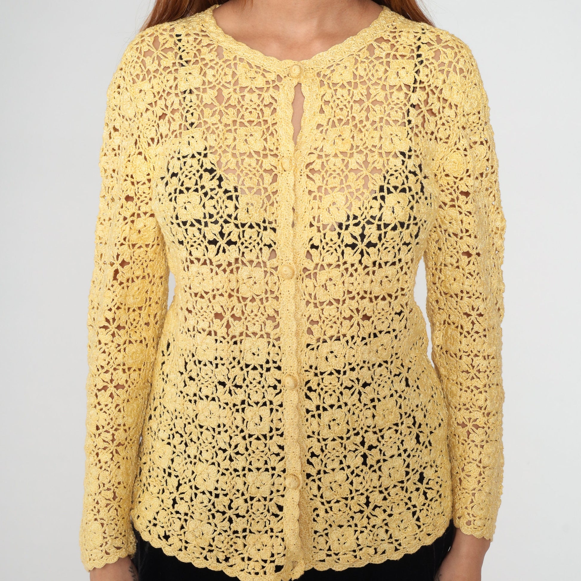 80s Yellow Crochet Cardigan Floral Cutout Cotton Knit Medium