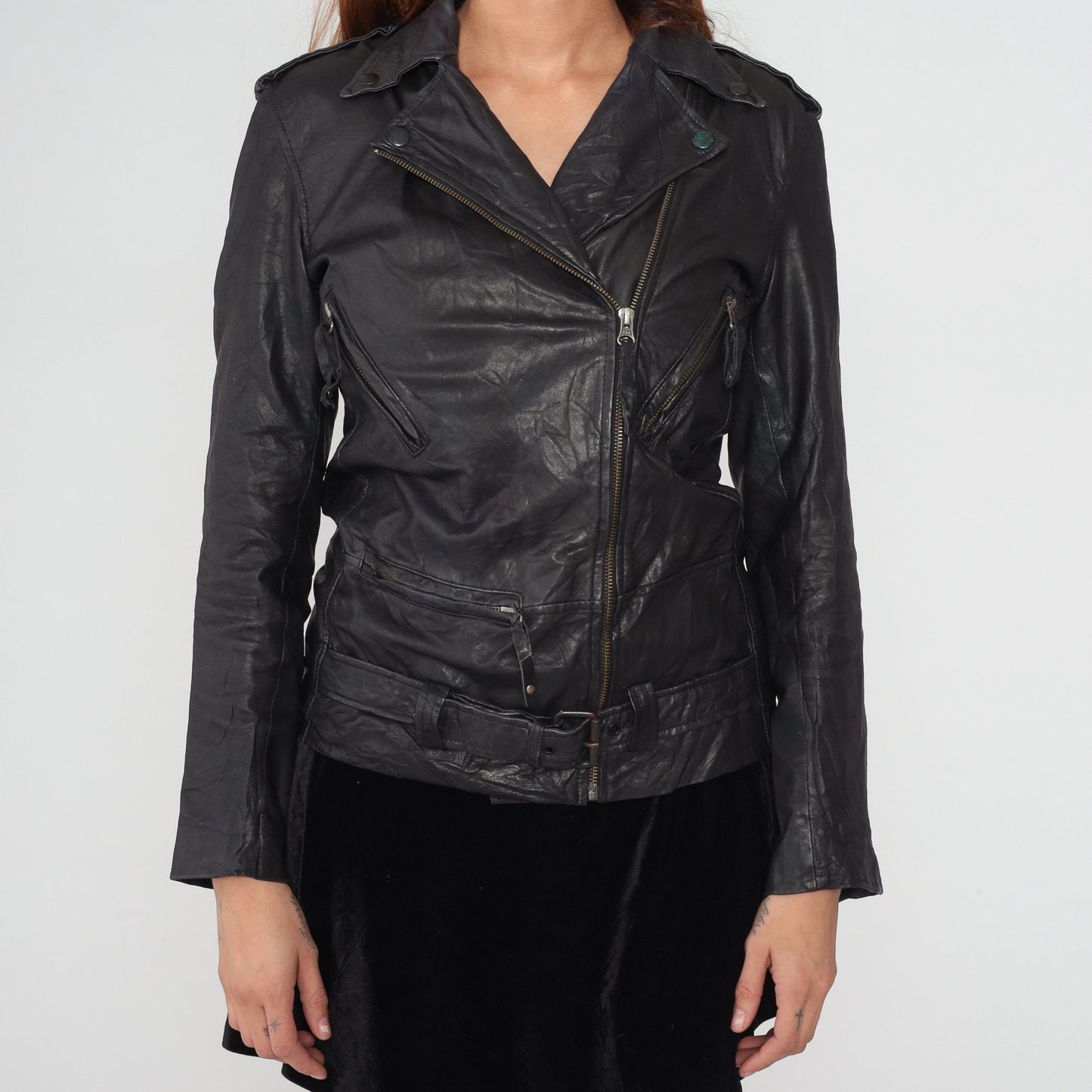 Y2K Sara Bermen Black Leather Moto Jacket Zip Front Small S